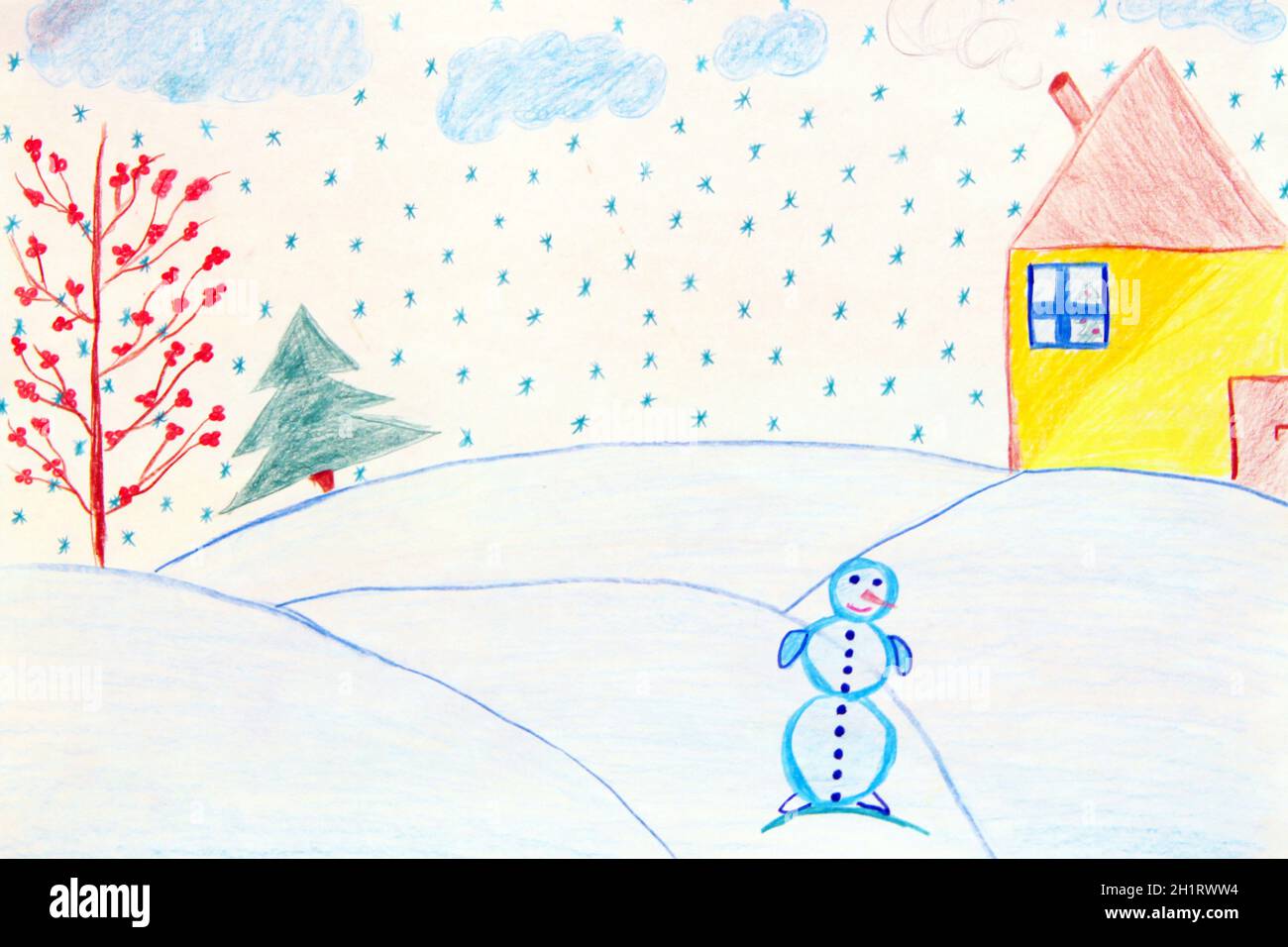 dibujo de niños con casas de muñecos de nieve spruces. Paisaje invernal en  el pueblo. Obras de arte infantil sobre el invierno. Vacaciones de Año  Nuevo. Paisaje invernal en la nieve Fotografía