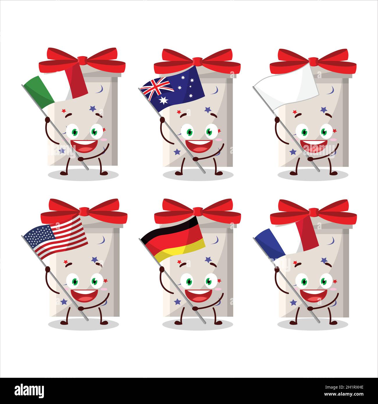 El personaje de dibujos animados de caja de regalo larga blanca trae las banderas de varios países. Ilustración vectorial Imagen Vector de stock - Alamy El personaje de dibujos animados de caja de regalo larga blanca trae las banderas de varios países. Ilustración vectorial Imagen Vector de stock - Alamy