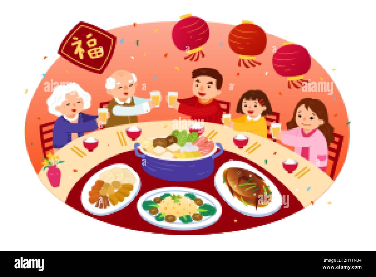 Cena de reunión de CNY para familias. Una familia asiática toasting a los abuelos en la cena de la reunión con la bendición escrita en chino en el couplet Ilustración del Vector