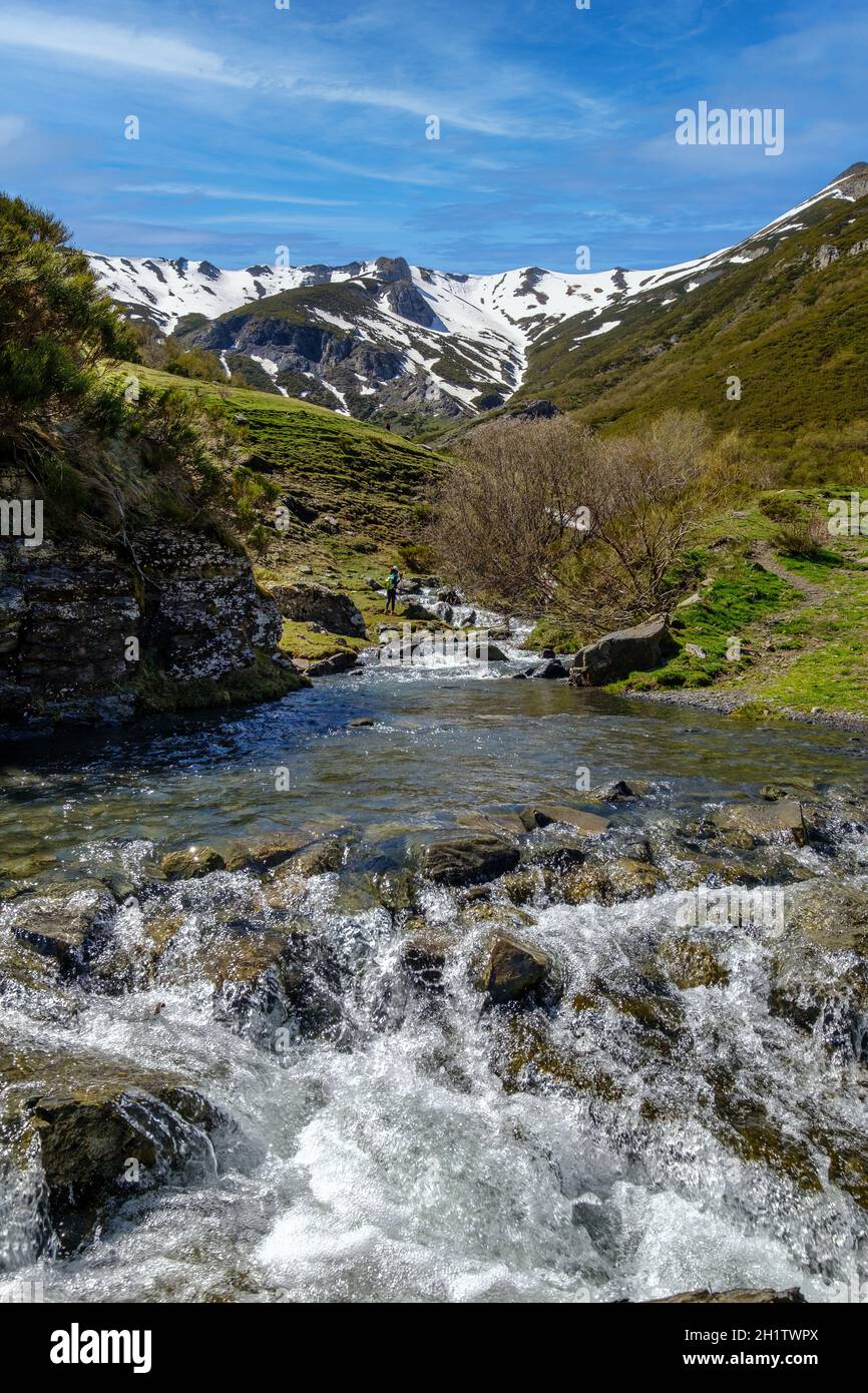 Ruta de las cascadas del río Faro, senderismo agua de montaña norte de españa paisaje Valle a través de Redipuertas, León España día de verano Foto de stock