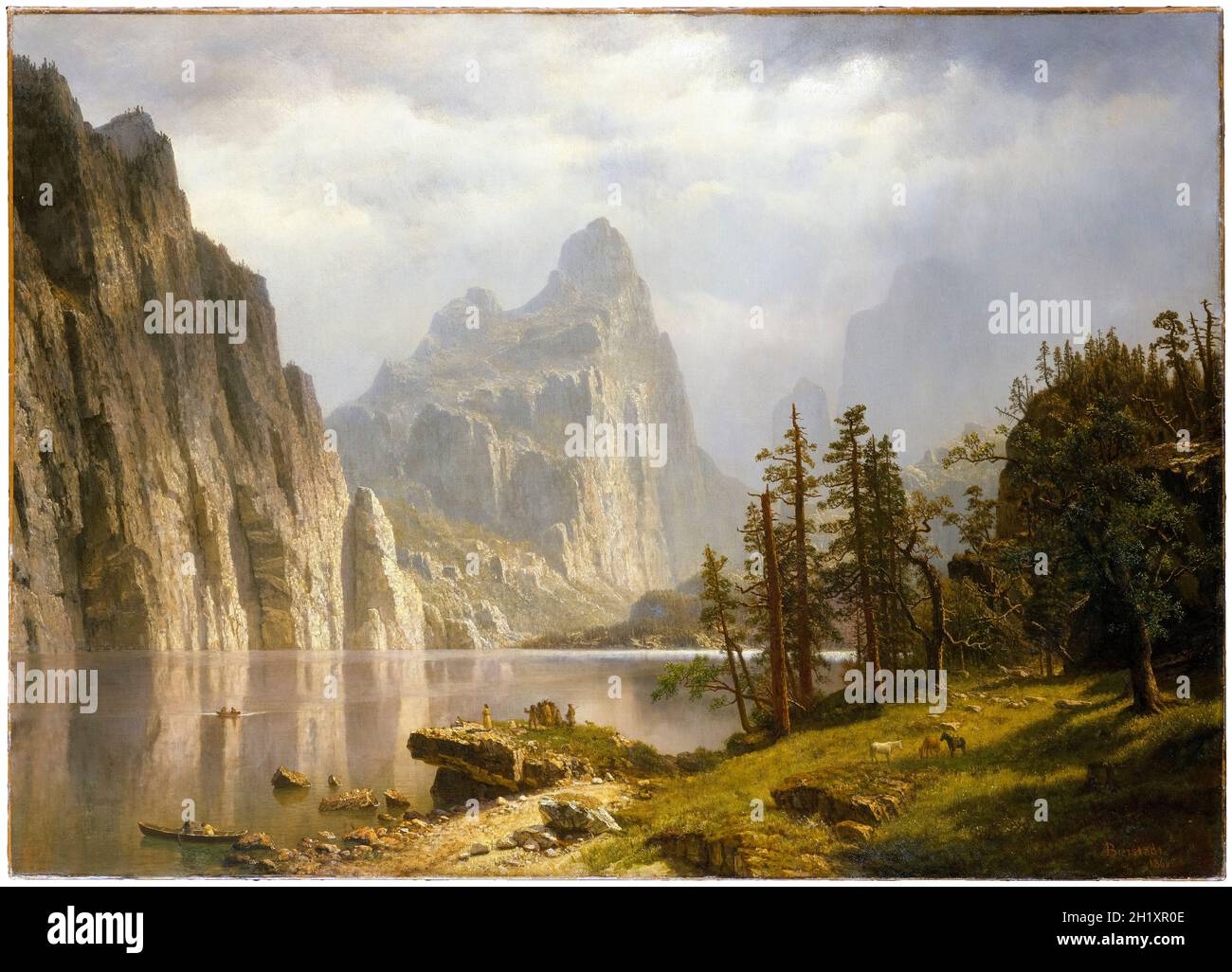 Pintura de Albert Bierstadt, río Merced, valle de Yosemite, paisaje 1866 Foto de stock