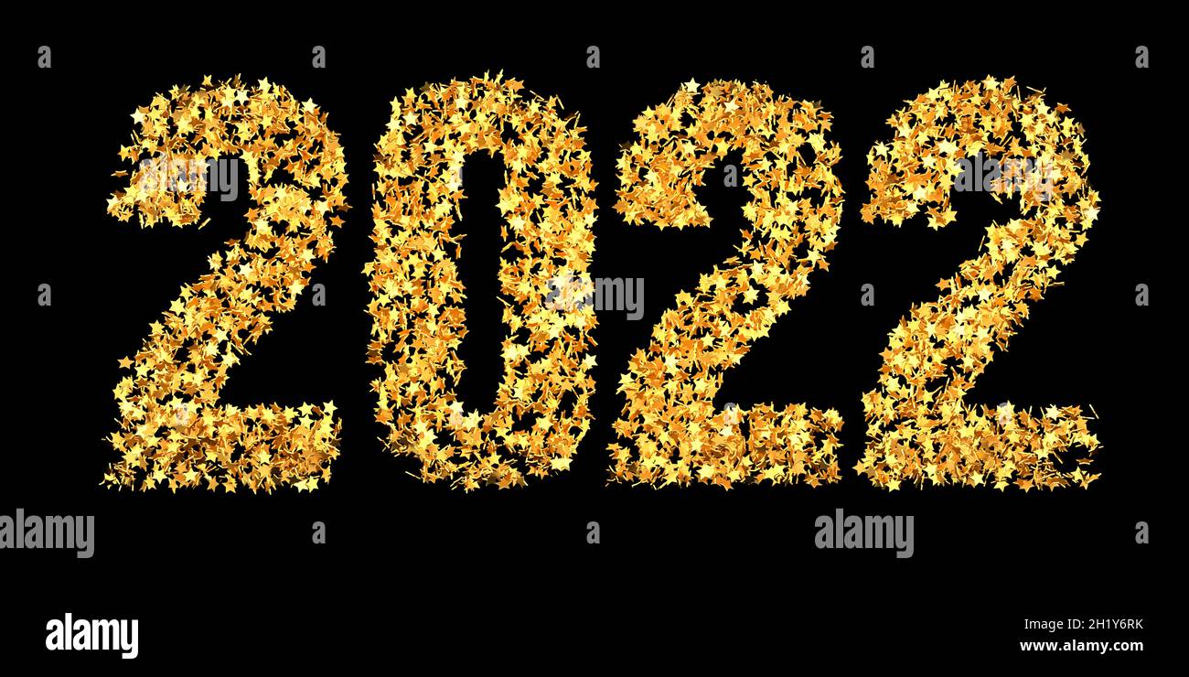 Estrellas doradas brillantes que construyen el número 2022 sobre fondo negro puro para una buena mezcla-si manejar con Photoshop. Feliz concepto de Año Nuevo 2022. Foto de stock