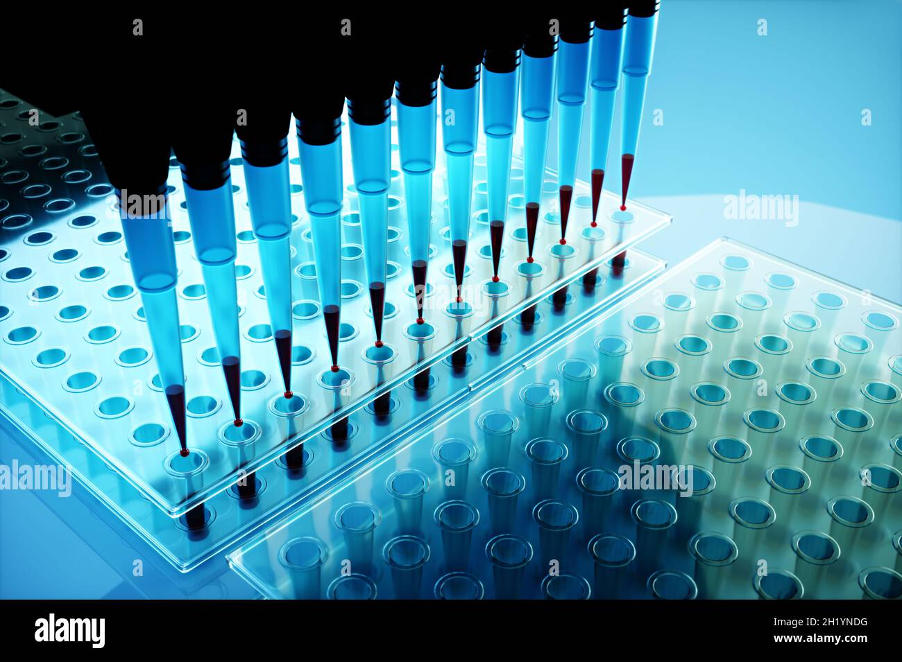 Pipetas multicanal y placas de varios pocillos utilizadas en laboratorios de microbiología. Ilustración 3D. Foto de stock