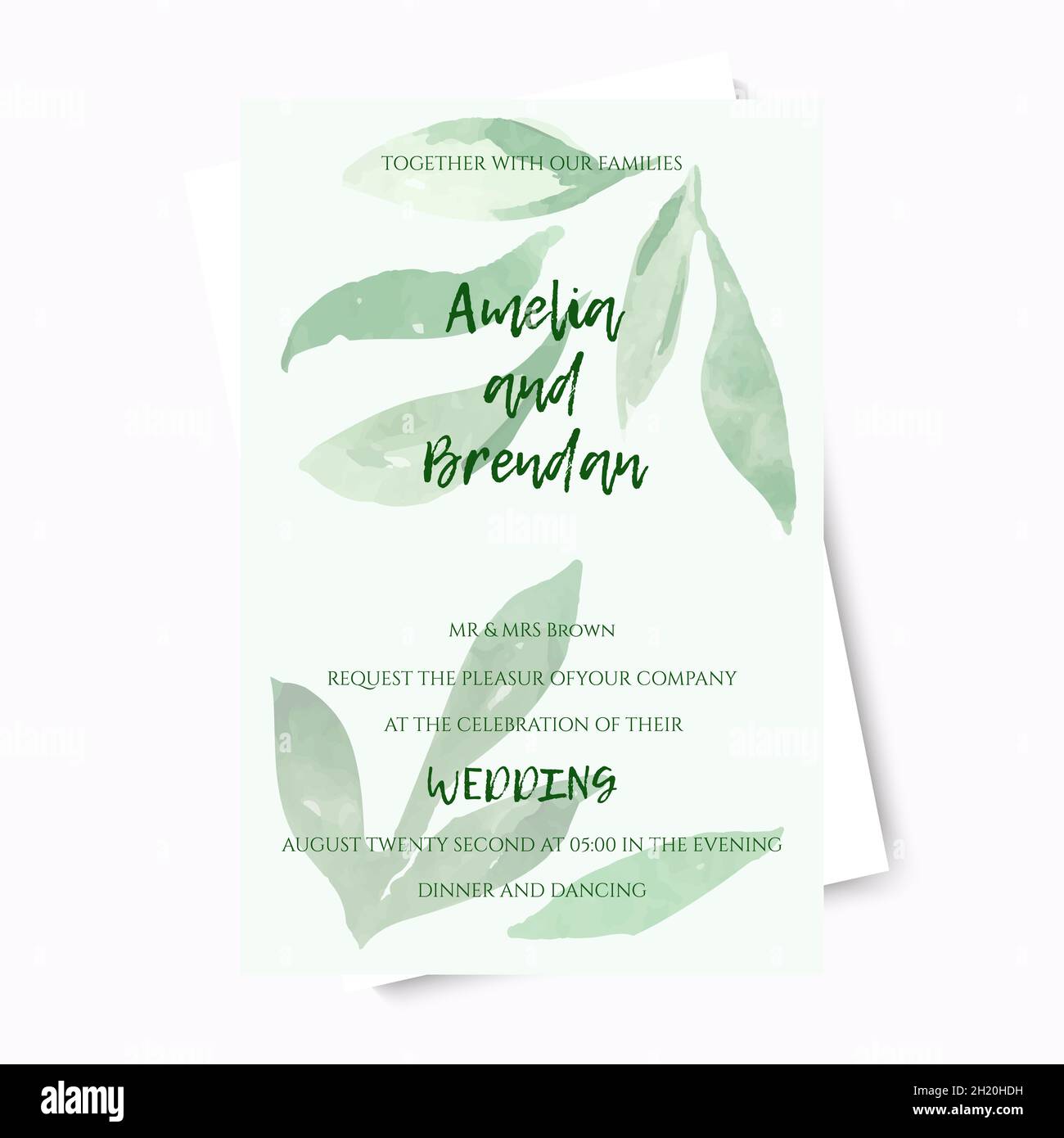 Invitación de boda en colores pastel verde. Hojas en verde pastel. Ilustración vectorial Imagen