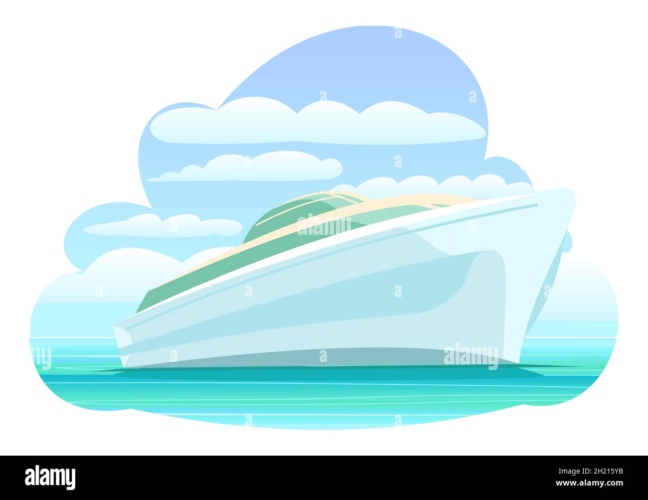 Yate del océano. Un moderno barco de lujo de varios niveles. Gran buque de pasajeros. Estilo plano. Mar azul y tranquilo. Composición en forma de nube. Aislado sobre blanco Ilustración del Vector