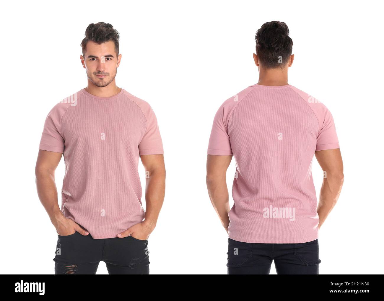 Hombre joven con camiseta rosa en blanco sobre fondo blanco, vista frontal  y trasera. Efecto doble para un diseño Fotografía de stock - Alamy