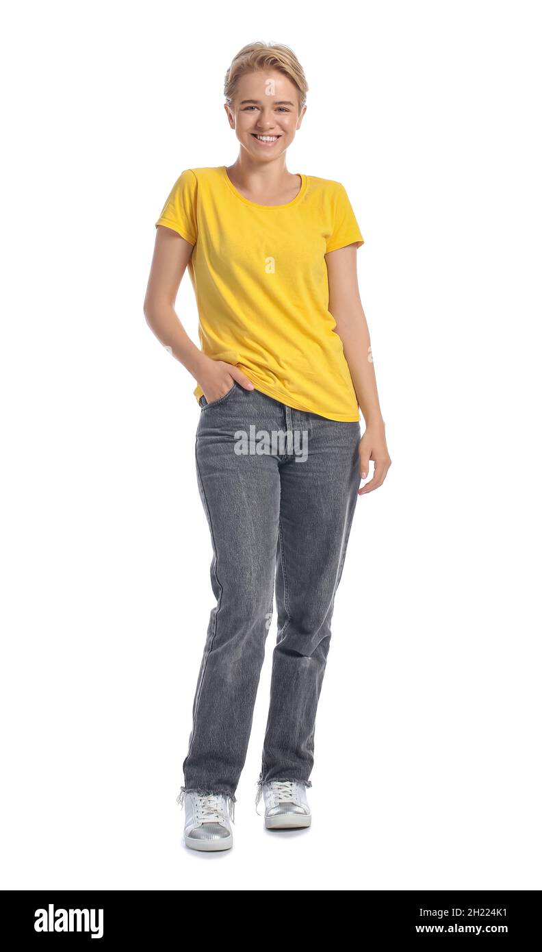 Mujer joven en blanco camiseta amarilla sobre fondo blanco Fotografía de  stock - Alamy