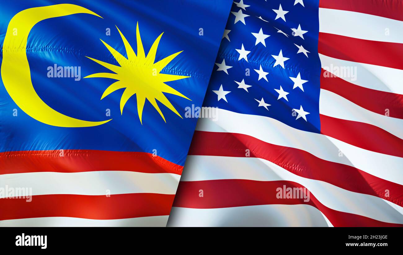 Banderas de Malasia y Estados Unidos. Diseño de 3D banderas ondulantes. Malasia  bandera de EE.UU., imagen, fondo de pantalla. Malasia vs EE.UU. Imagen,3D  renderizado. Malasia EE.UU. Relaciones allia Fotografía de stock -