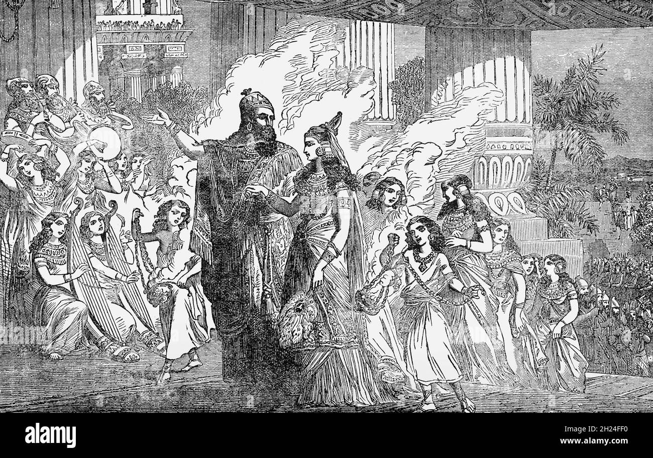 Una ilustración de finales del siglo 19th del matrimonio de Xerjes I (518-465 aC), comúnmente conocido como Xerjes el Grande, y cuarto Rey de Reyes del Imperio Acaeménido con Ester. Xerxes fue el hijo y sucesor de Darío el Grande y gobernó desde el 486 aC hasta su asesinato en el 465 aC. Durante un banquete la reina de Xerxes, Vashti, desobedece sus órdenes y es removida de su posición. Xerxes entonces hace arreglos para elegir una nueva reina de una selección de mujeres jóvenes hermosas, una, un huérfano judío llamado Esther, encuentra favor y es coronado su nueva reina, pero no revela su herencia judía. Foto de stock