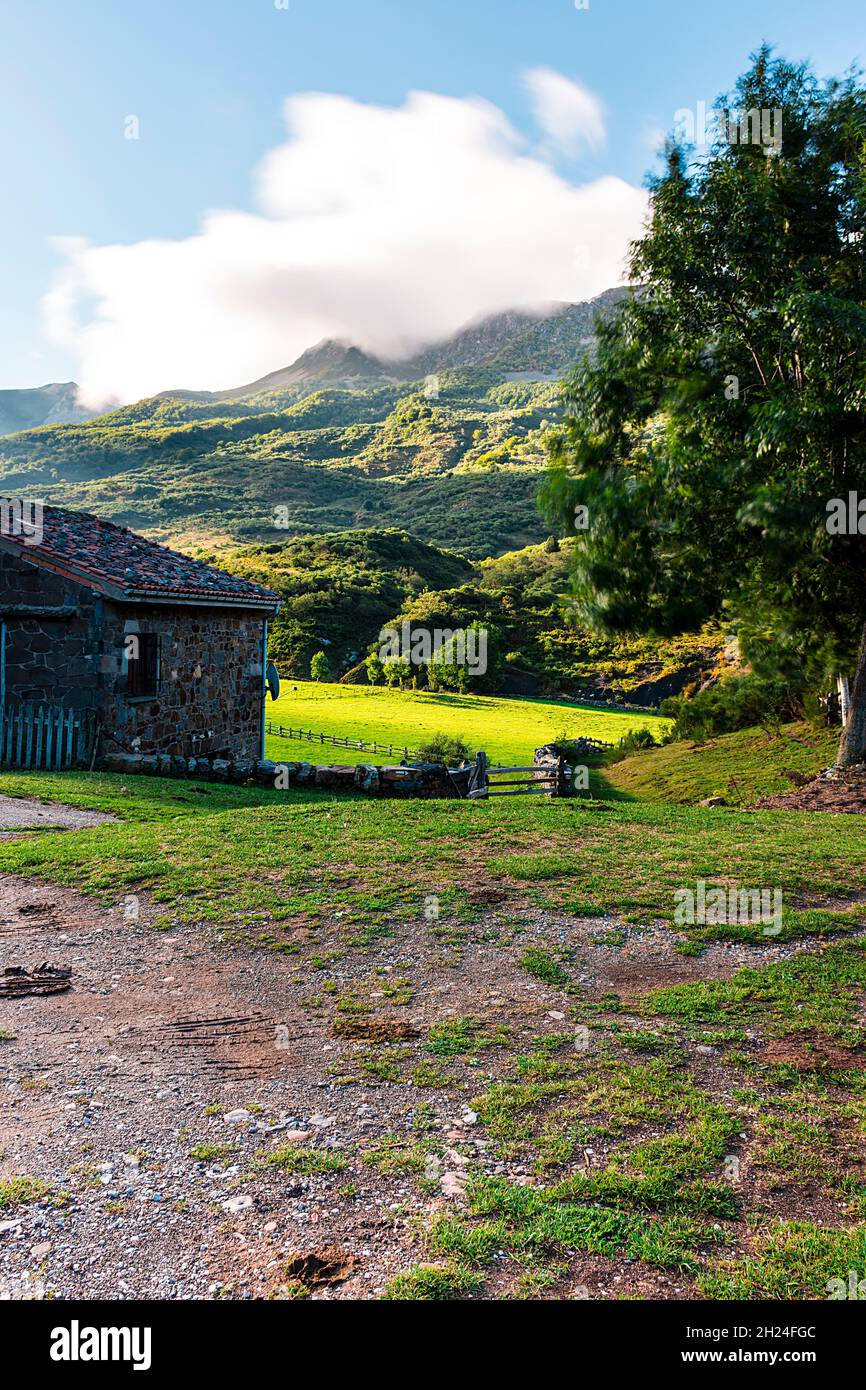 Fotografía de larga exposición de un paisaje verde de Asturias situado en el puerto de San Isidro. La fotografía se toma al amanecer y se toma en vertical Foto de stock