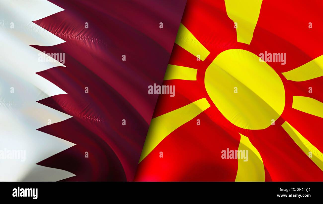 Banderas de Qatar y Macedonia del Norte. Diseño de 3D banderas ondulantes. North Macedonia Qatar