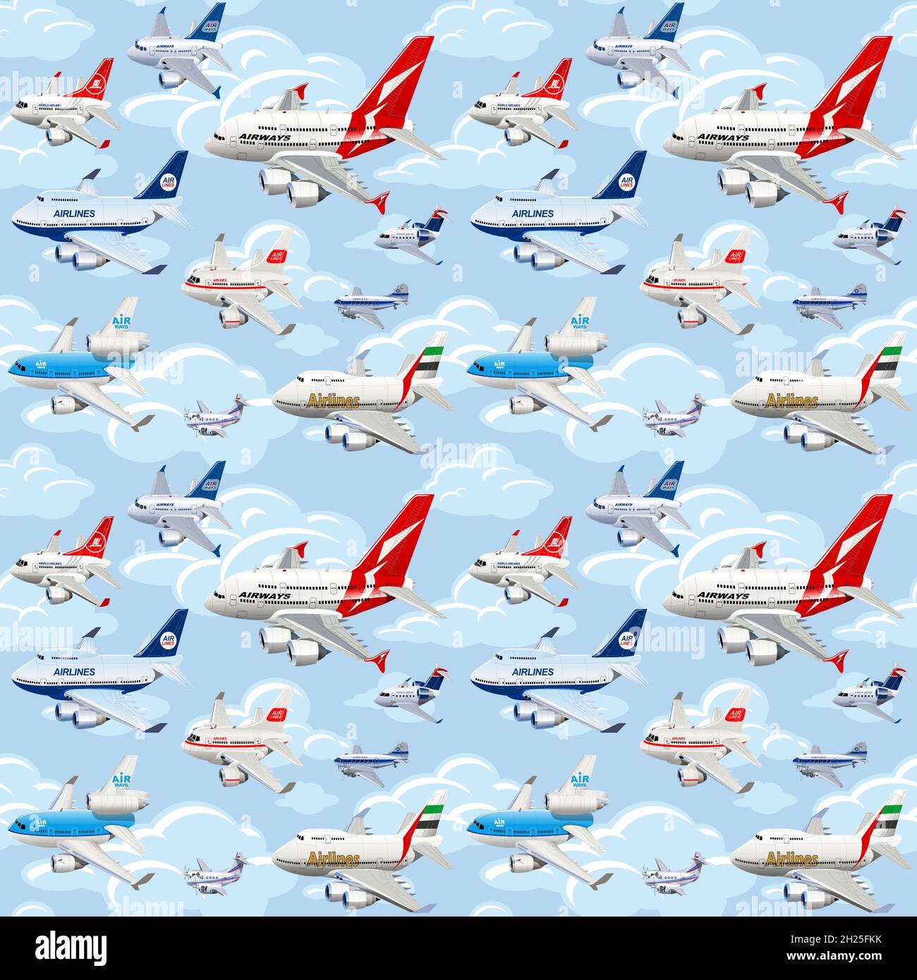 Dibujos animados de aviones comerciales sin costuras patrón sobre nubes
