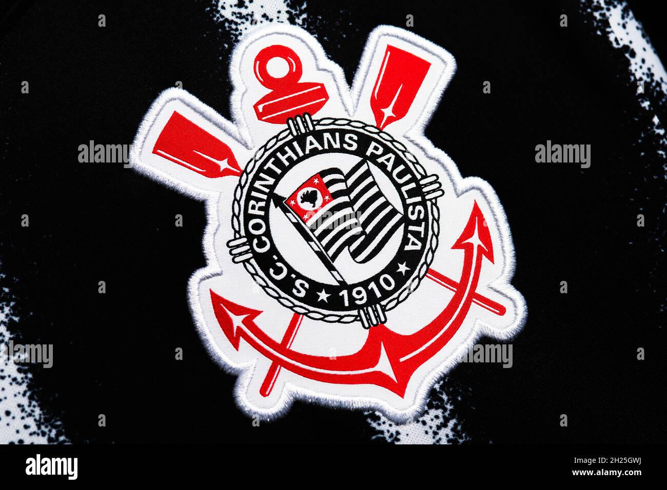 Primer plano del escudo del club de Corintios. Foto de stock