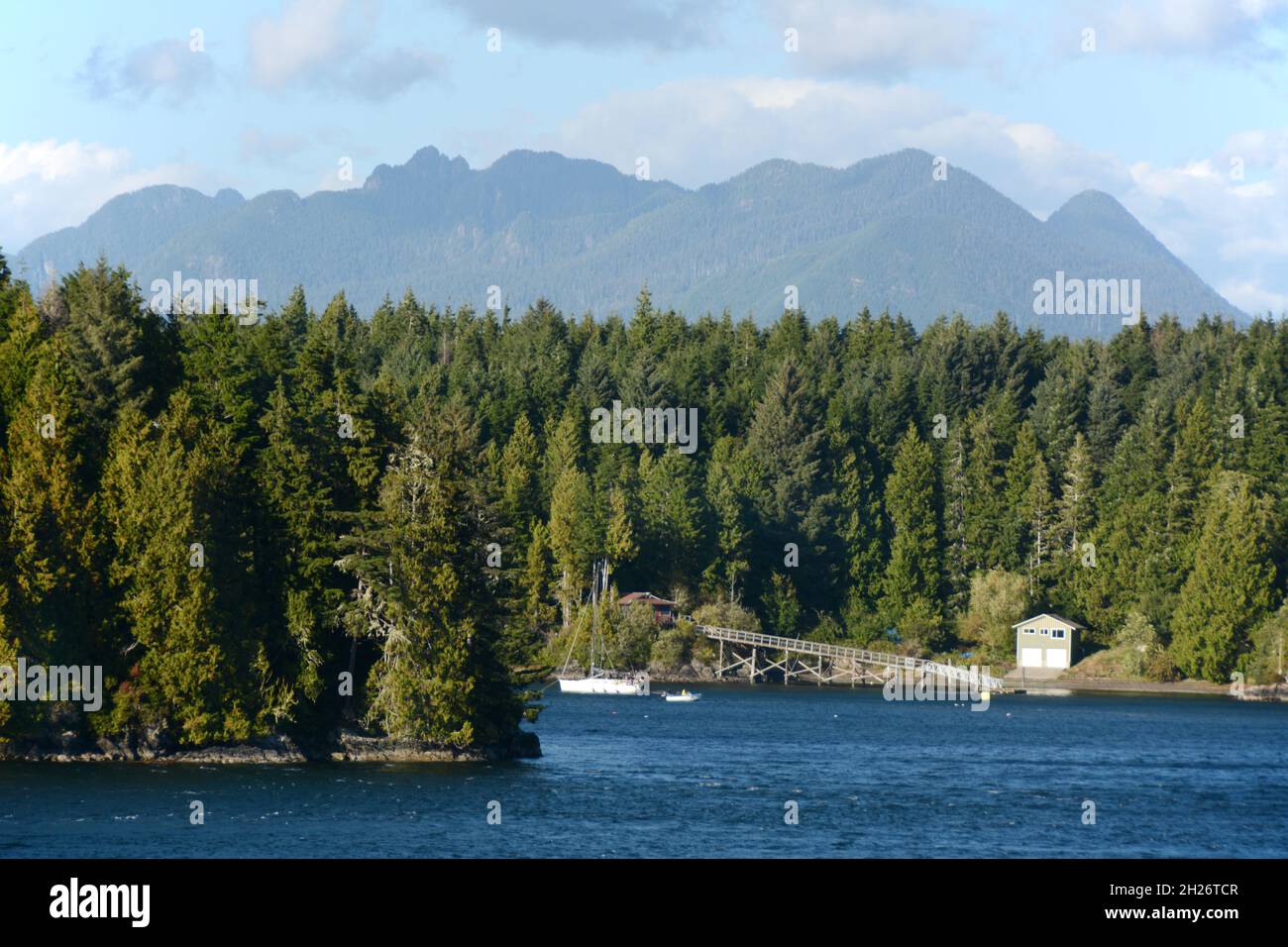 Las orillas de Stone Island y las distantes rocas de Clayoquot Sound, cerca de Tofino, Vancouver Island, British Columbia, Canadá. Foto de stock