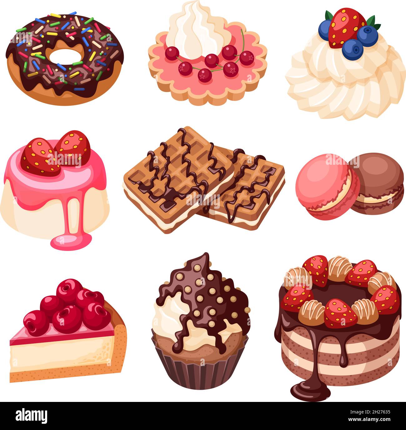 Juego de postres de dibujos animados. Postres de pastel, dulces y pastel  dulce. Frutas frescas y bayas en panadería crema, macarrones alimentos  garish colección de vectores Imagen Vector de stock - Alamy