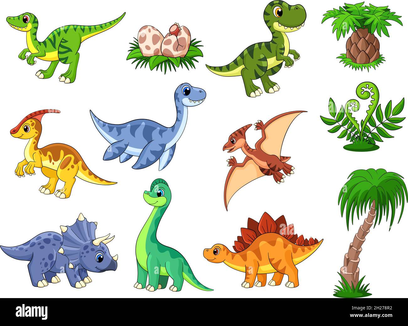 Dinosaurios de dibujos animados. lindos dino, dinosaurio y palma. Colorea  los personajes de la fauna, depredador prehistórico. Gracioso bebé animales  garish colección de vectores Imagen Vector de stock - Alamy