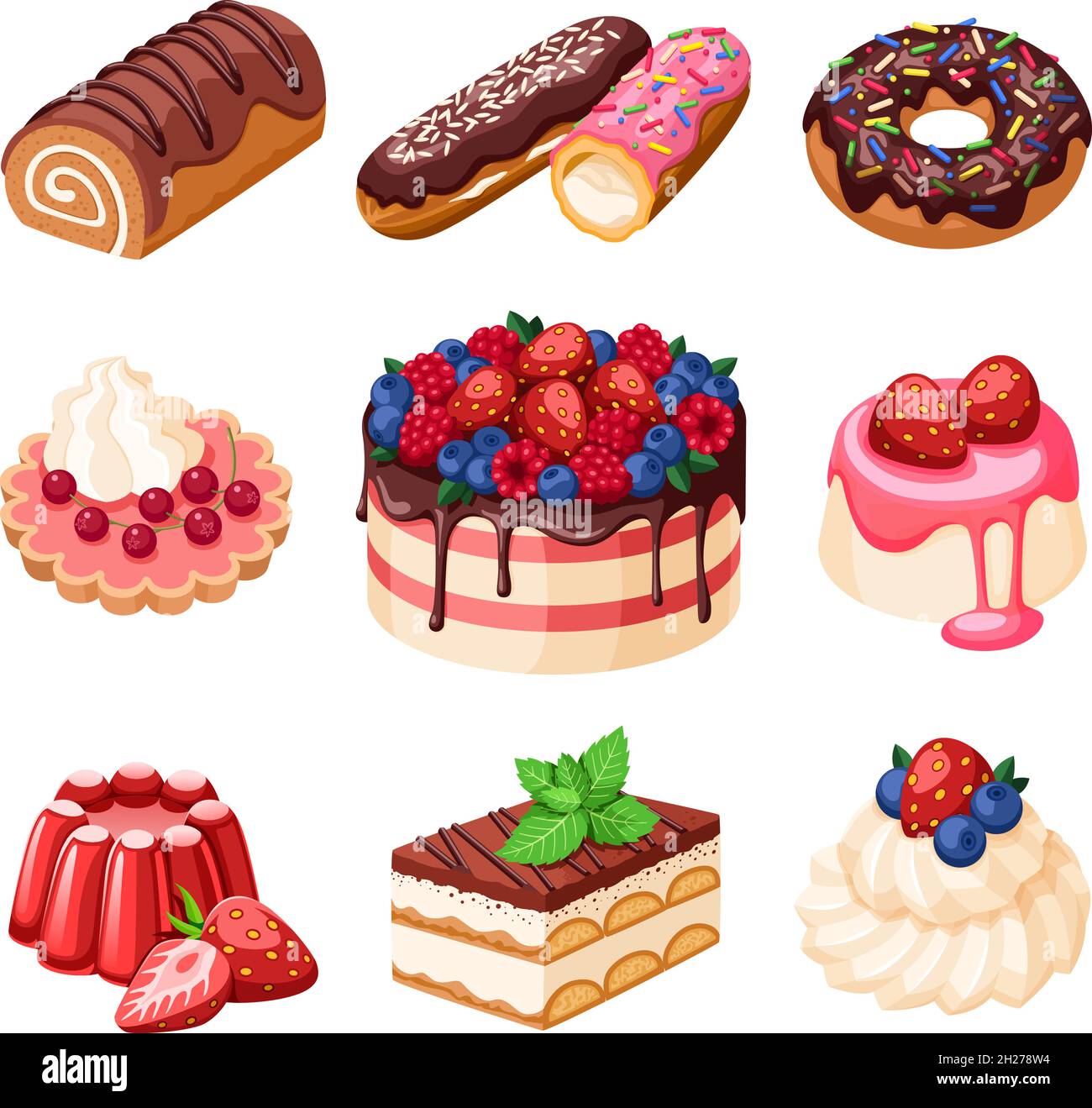 Pasteles dulces de dibujos animados. 3d pastel de fruta, pastel fresco  aislado. Postre de cumpleaños, muffin cremoso y panadería. El café o la  cafetería adoran objetos vectoriales Imagen Vector de stock -