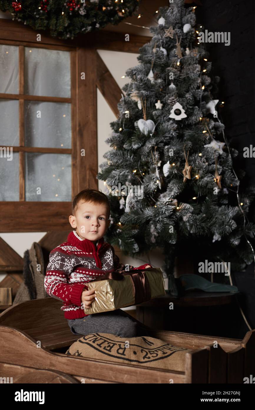 El jersey navideño para niños pequeños lleva a cabo un regalo de Navidad  mientras se sienta junto a un árbol de Navidad decorado Fotografía de stock  - Alamy