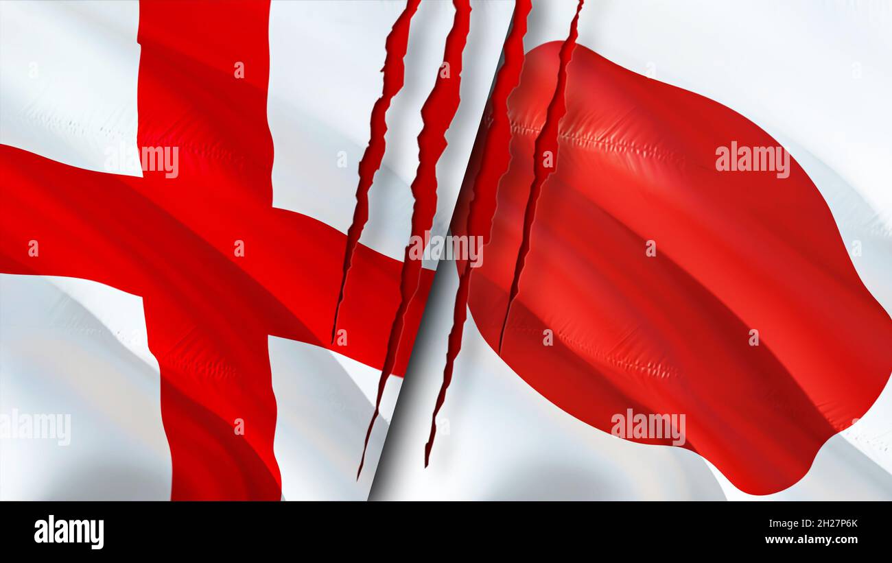 Banderas de Inglaterra y Japón con concepto de cicatriz. Bandera de
