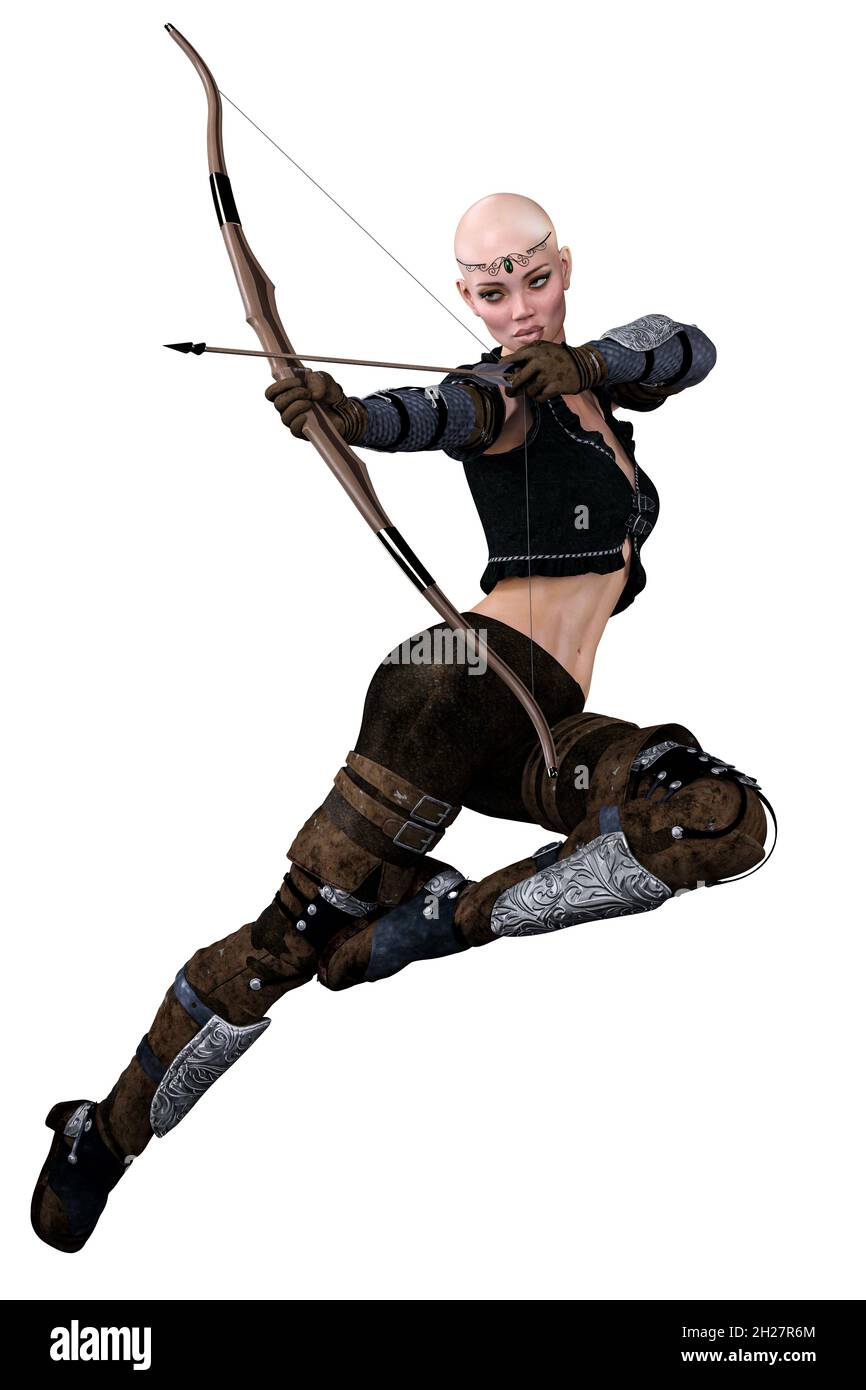 Mujer arquero caucásica con arco y flecha sobre fondo blanco aislado, ilustración 3D, 3D Rendering Foto de stock
