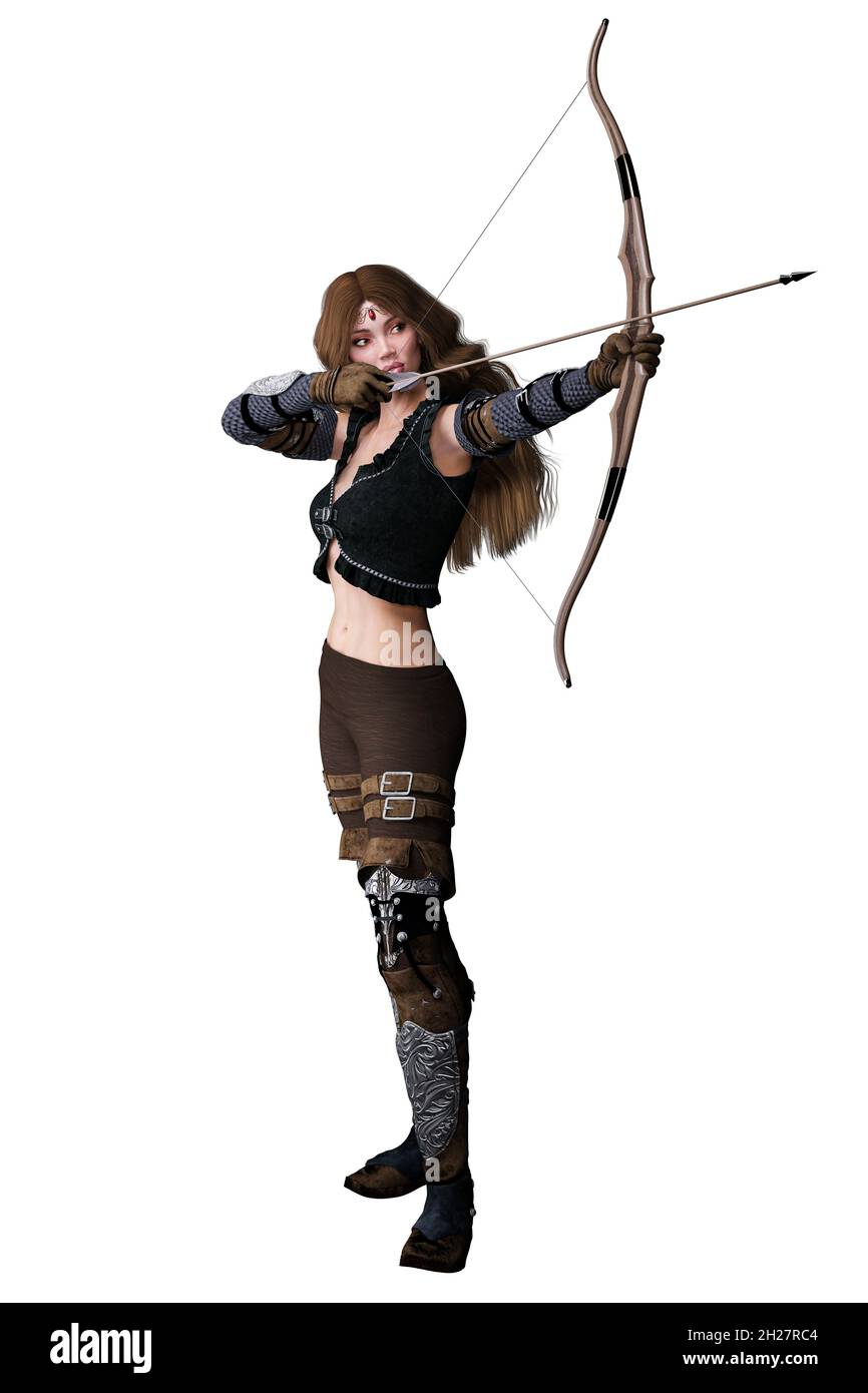 Mujer arquero caucásica con arco y flecha sobre fondo blanco aislado, ilustración 3D, 3D Rendering Foto de stock