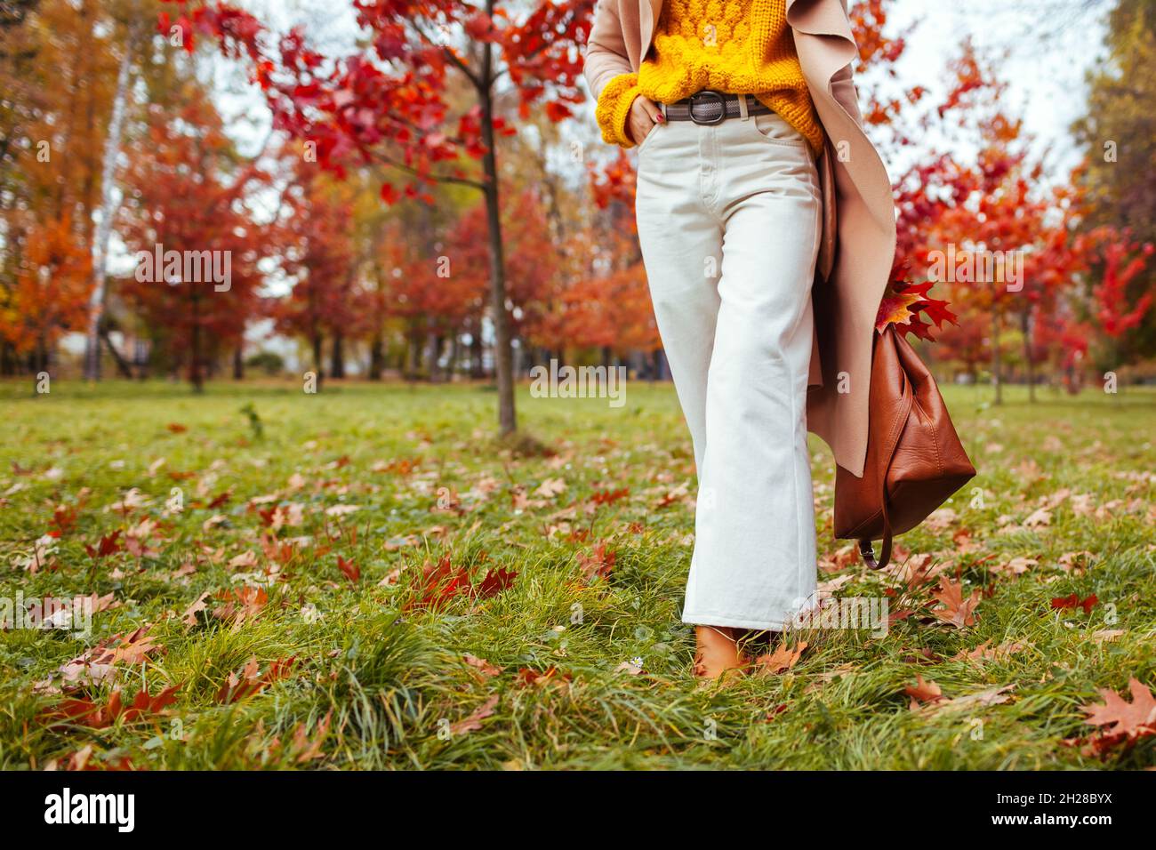 Mujer de moda que lleva ropa y accesorios con estilo caminando en el parque  de otoño. Ropa femenina de otoño. Moderno pantalón acampanado con suéter,  abrigo y mano Fotografía de stock -