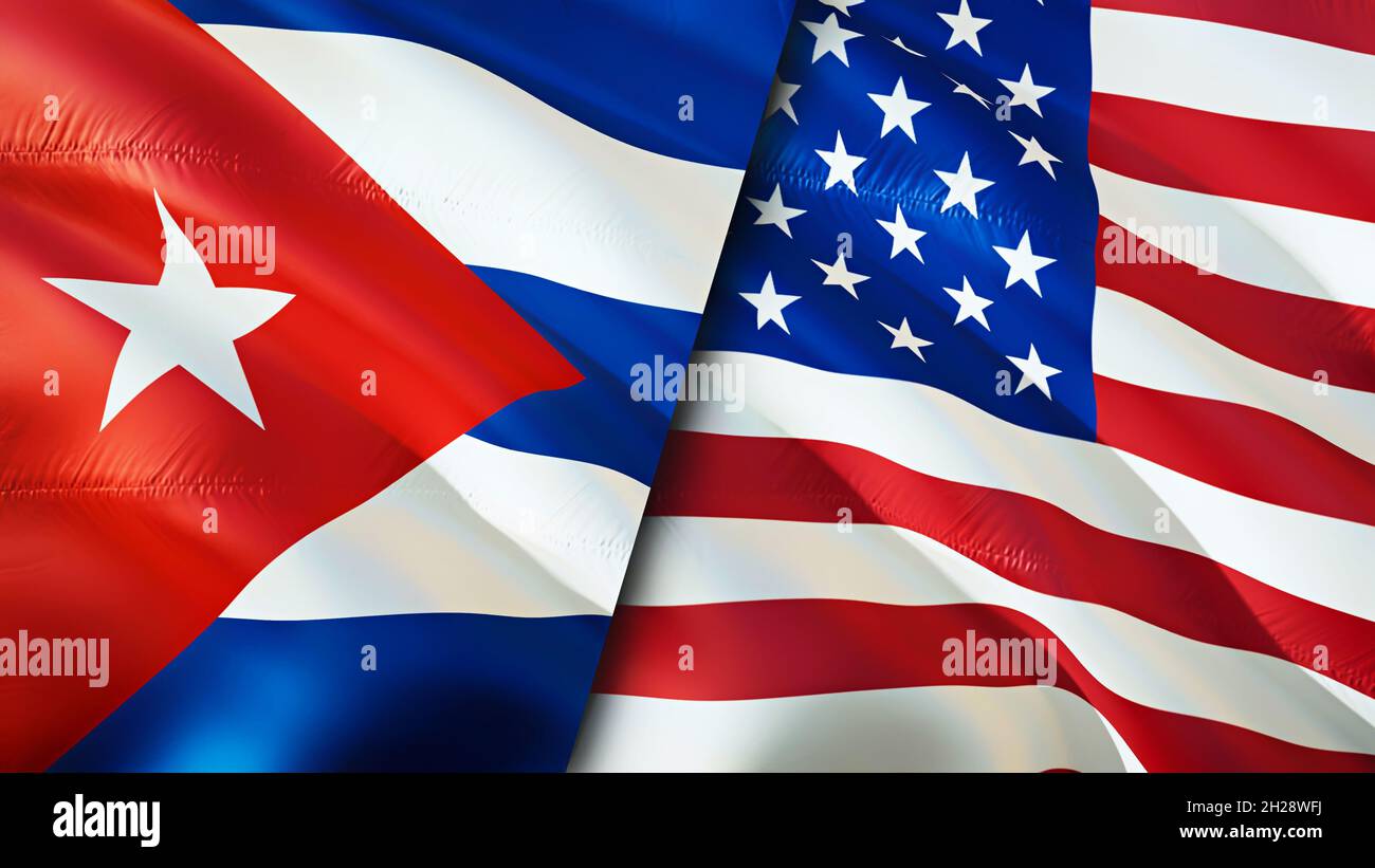 Banderas de Cuba y Estados Unidos. Diseño de 3D banderas ondulantes. Cuba  Bandera USA, imagen, fondo de pantalla. Cuba vs USA Image,3D rendering.  Cuba . Relaciones concepto de alianza de guerra Fotografía