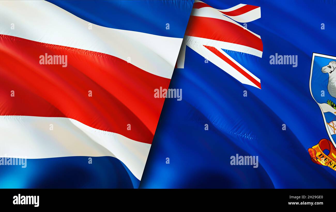 Banderas de Costa Rica e Islas Malvinas. Diseño de 3D banderas ondulantes. Costa  Rica Bandera de las Islas Malvinas, imagen, papel pintado. Costa Rica  contra Islas Malvinas ima Fotografía de stock -