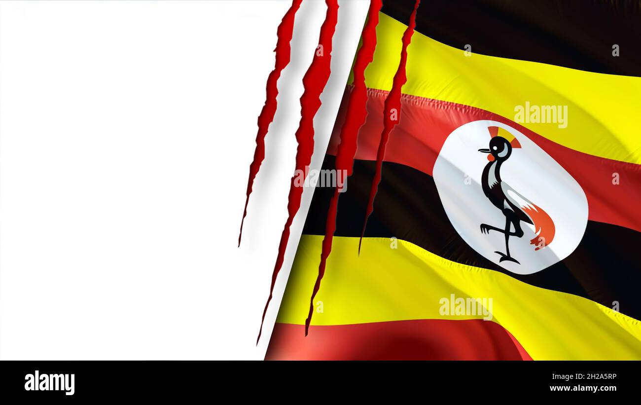 La mitad blanca y las banderas de Uganda con concepto de cicatriz. Bandera  de ondulación, renderizado 3D. Uganda y el concepto de conflicto blanco.  Fondo blanco El concepto de las relaciones de