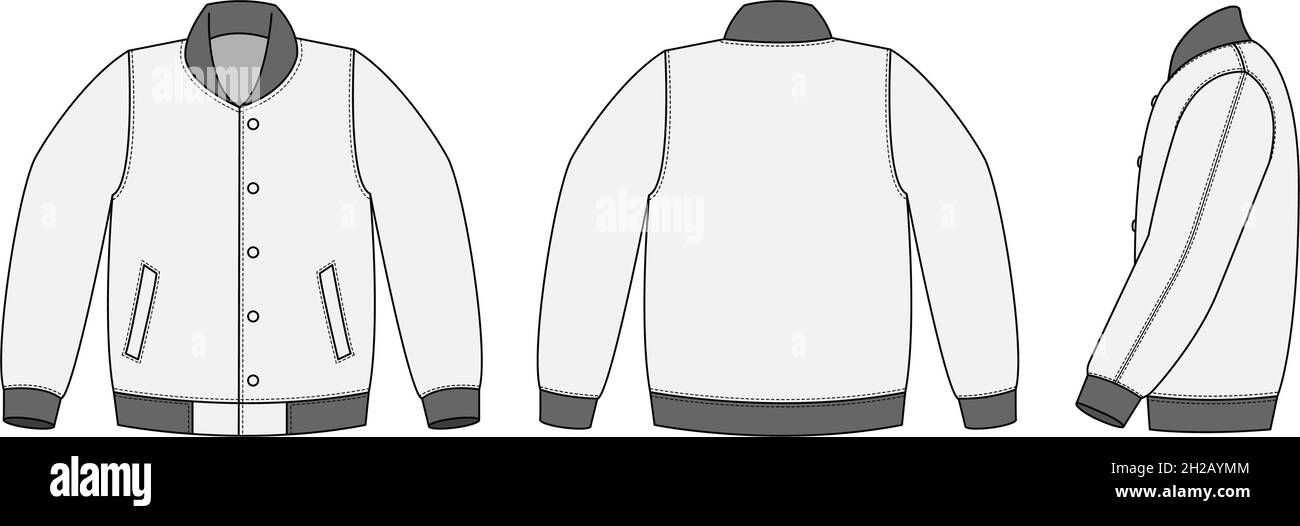 Ilustración de la plantilla de chaqueta universitaria ( chaqueta de béisbol  ) (frontal, posterior y lateral Imagen Vector de stock - Alamy
