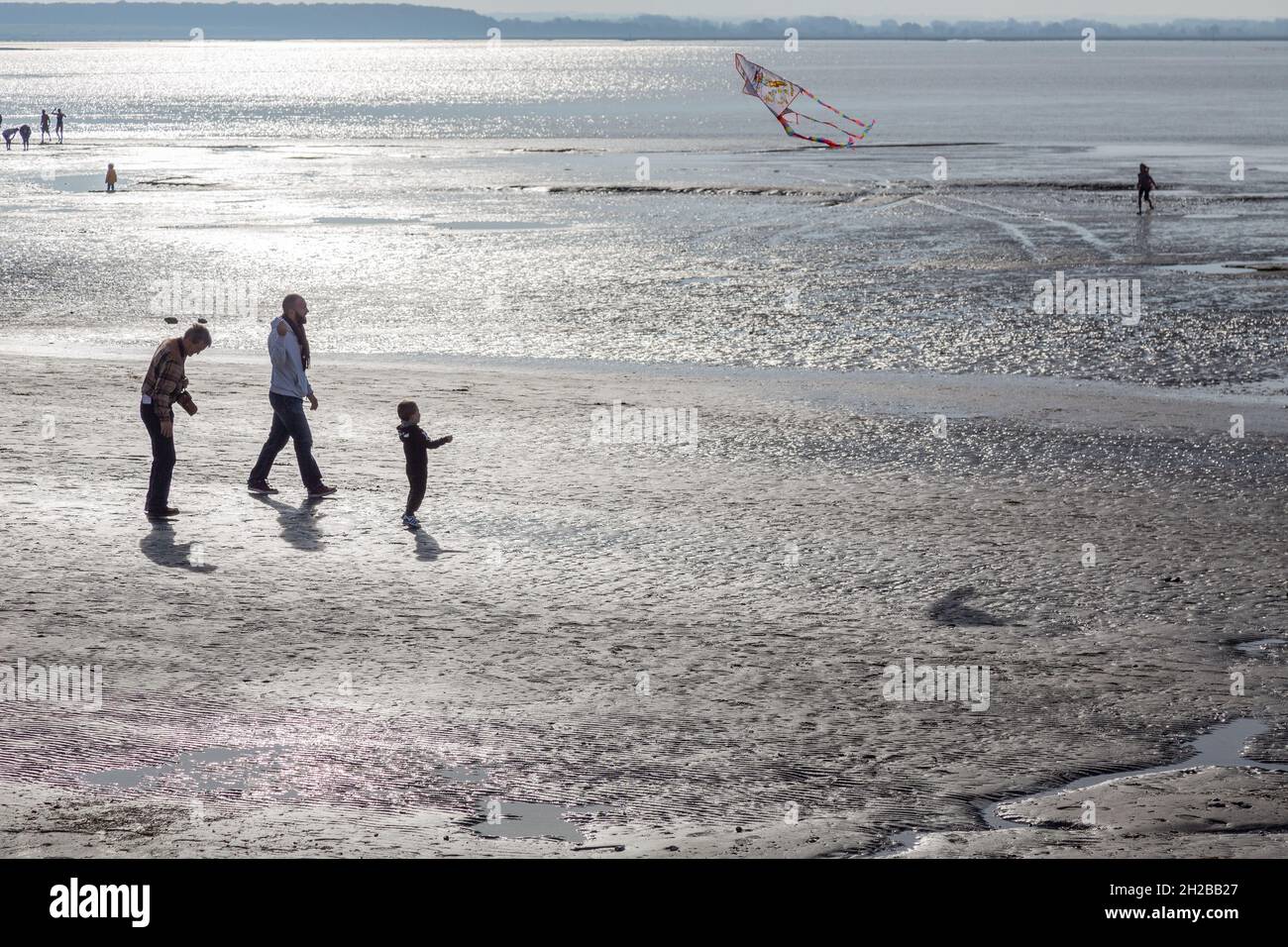 Tres personas, incluyendo un niño, manejando una cometa en una playa retroiluminada. Le Crotoy, Bahía de Somme, Francia Foto de stock