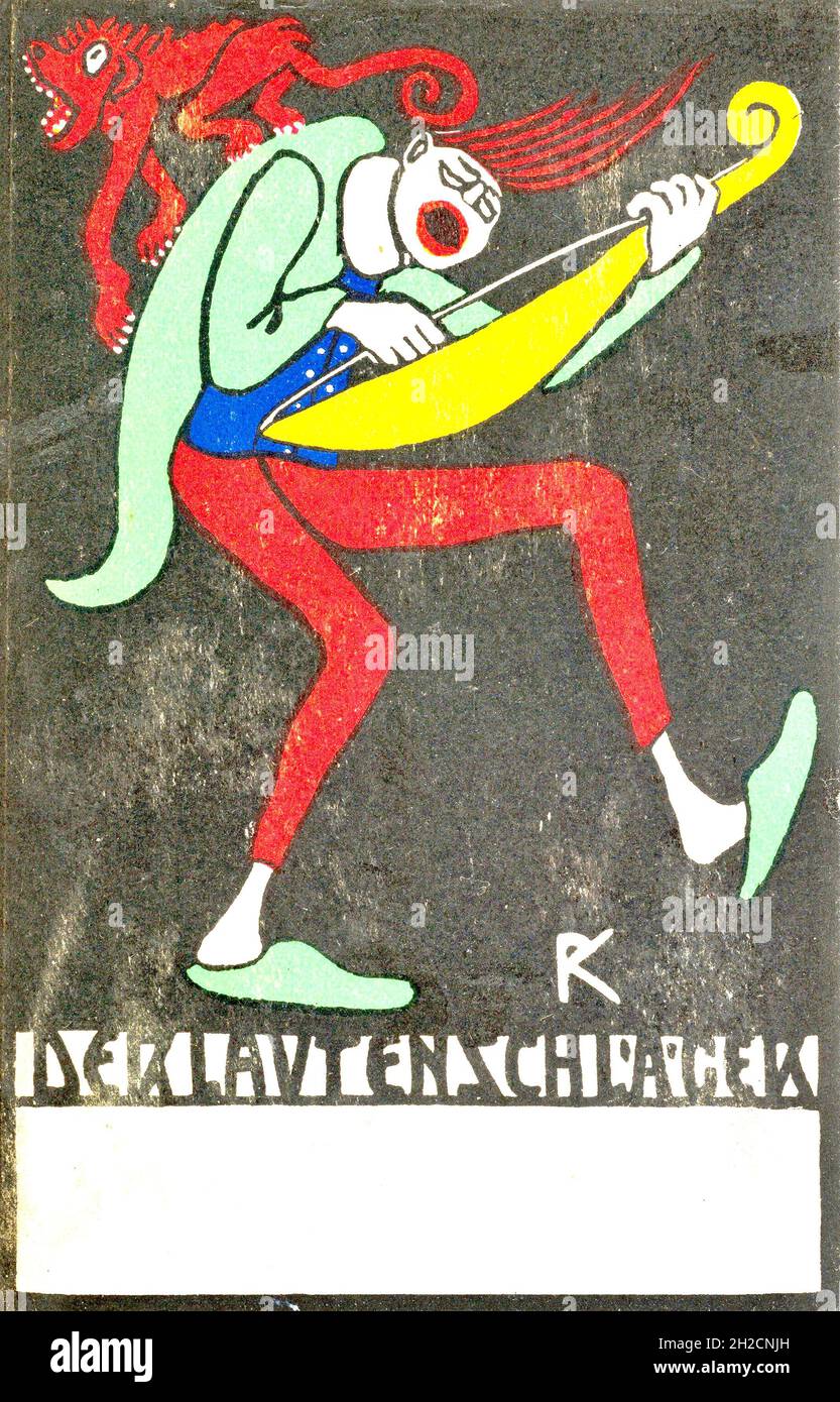 Obra de arte de Rudolf Kalvach titulada The Lute Player (Der Lautenschläger) - Wiener Werkstätte ilustración vintage con espacio de copia. Foto de stock