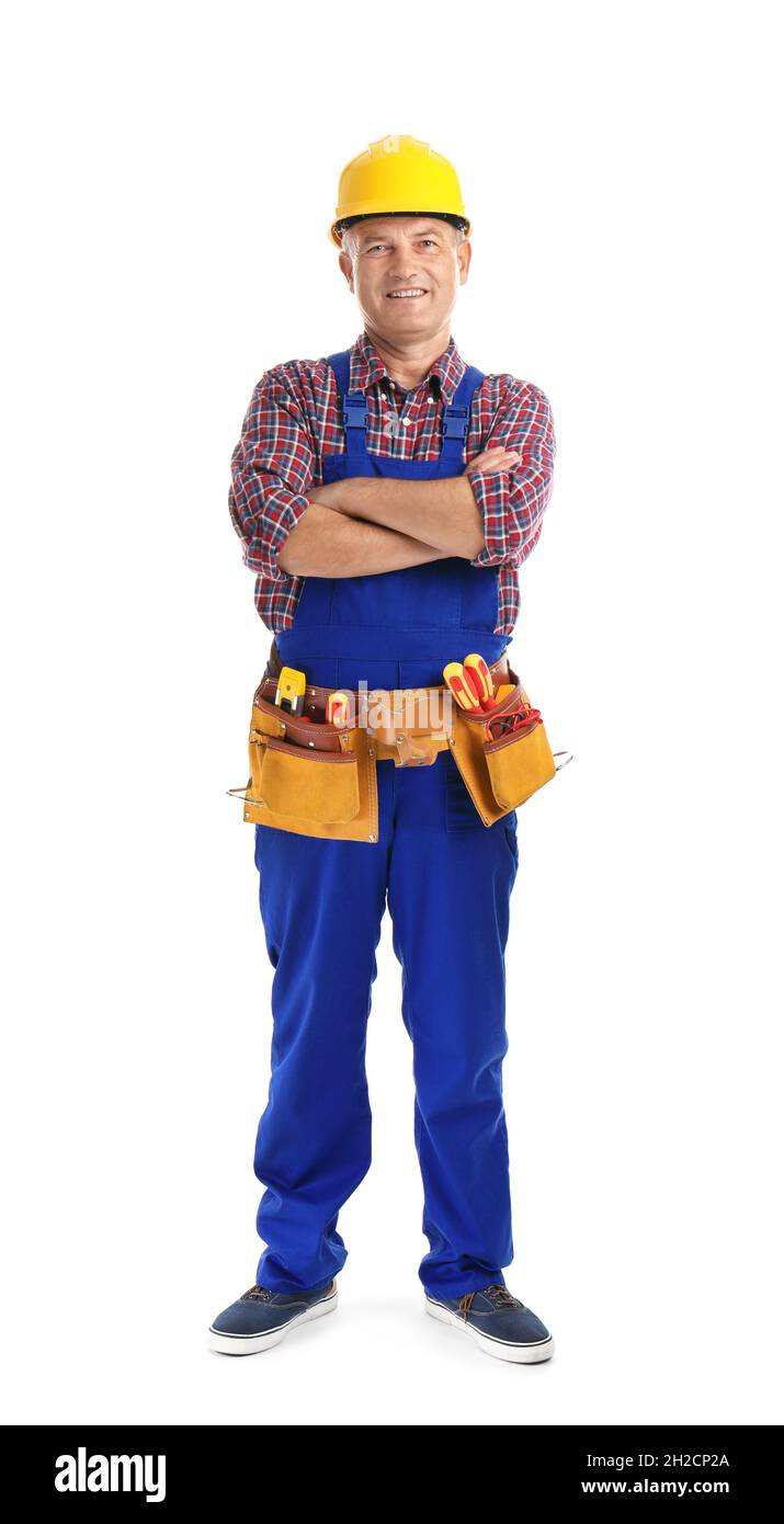 Electricista con herramientas con uniforme sobre fondo blanco Fotografía de  stock - Alamy