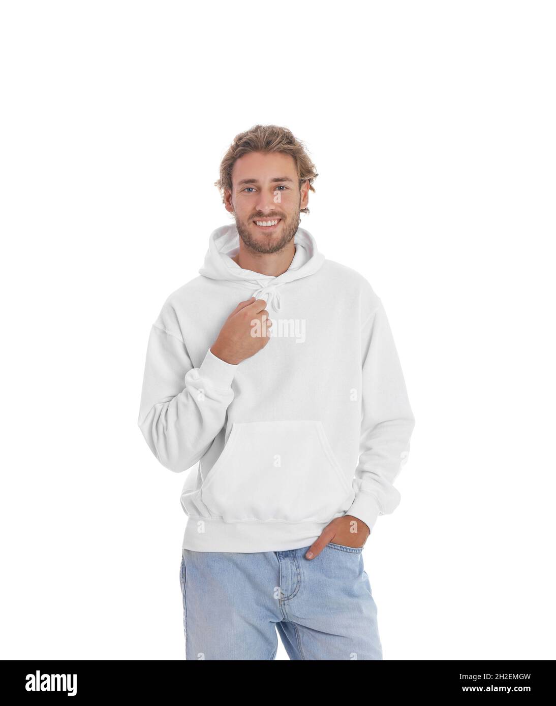 Retrato del hombre en suéter con capucha sobre fondo blanco. Espacio para  el diseño Fotografía de stock - Alamy