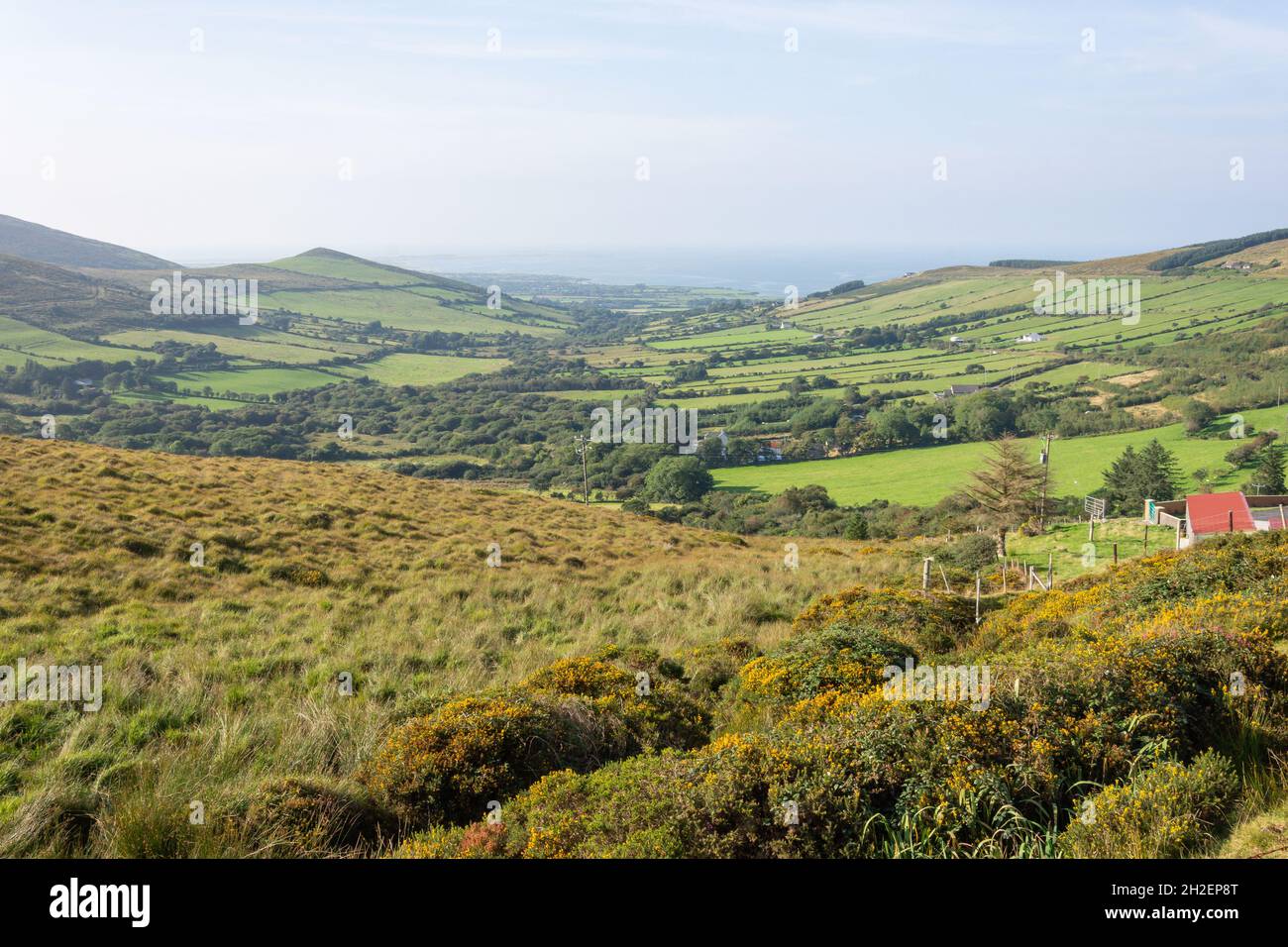Vista panorámica del campo y la costa, Península de Dingle (Corca Dhuibhne), Condado de Kerry, República de Irlanda Foto de stock
