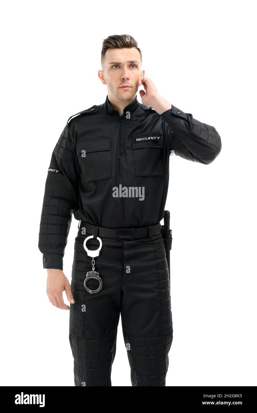 Guardia de seguridad masculina en uniforme sobre fondo blanco Fotografía de  stock - Alamy