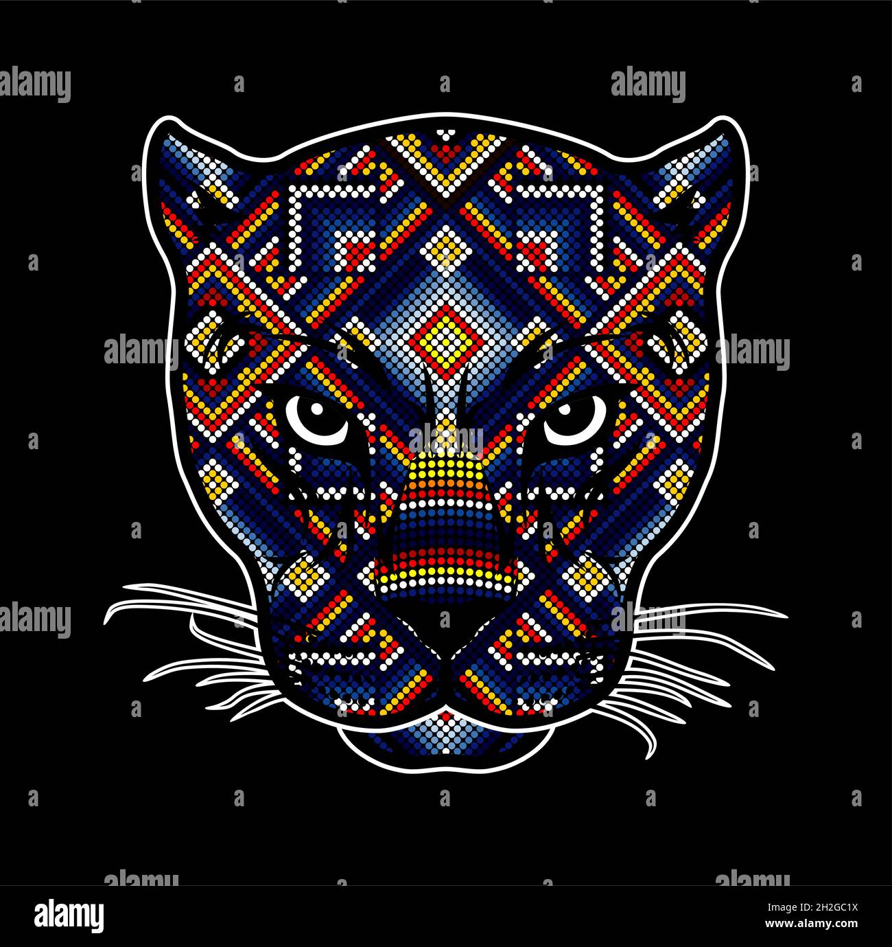 Ilustración vectorial de la colorida cabeza de gato salvaje con abalorios  que podría ser un jaguar, puma, leopardo, etc. inspirado en el arte huichol  mexicano aislado en el bla Imagen Vector de