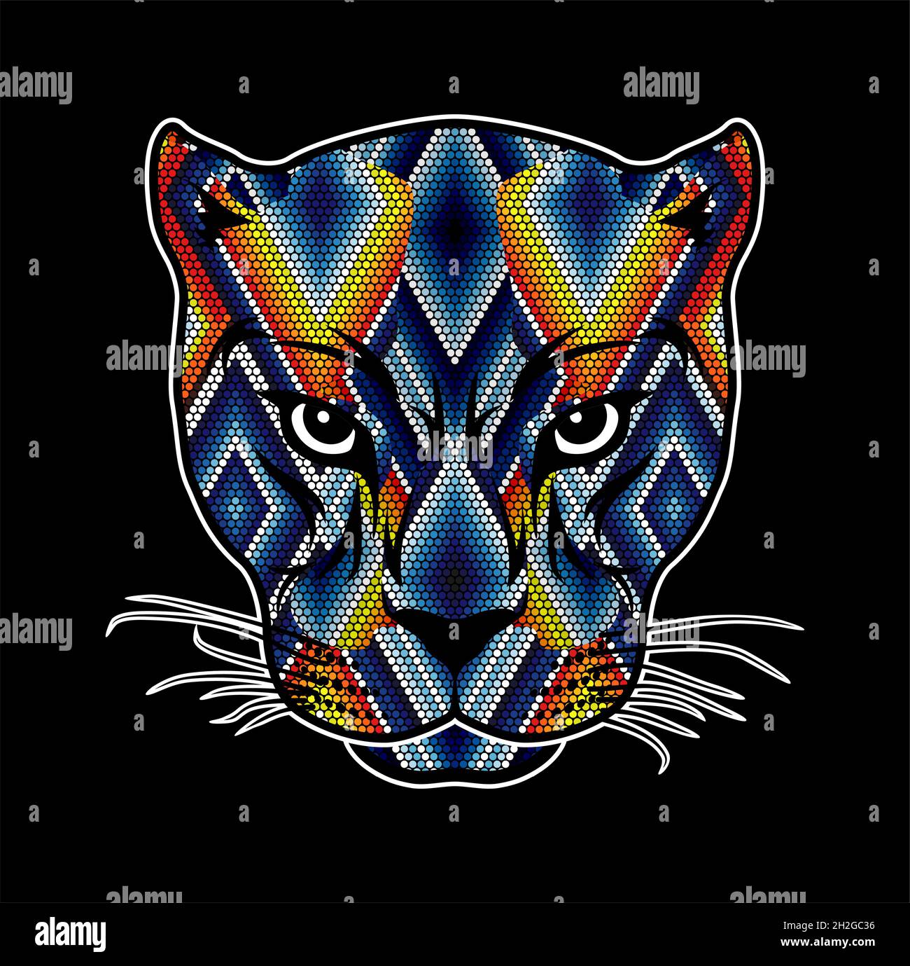 Ilustración vectorial de la colorida cabeza de gato salvaje con abalorios  que podría ser un jaguar, puma, leopardo, etc. inspirado en el arte huichol  mexicano aislado en el bla Imagen Vector de