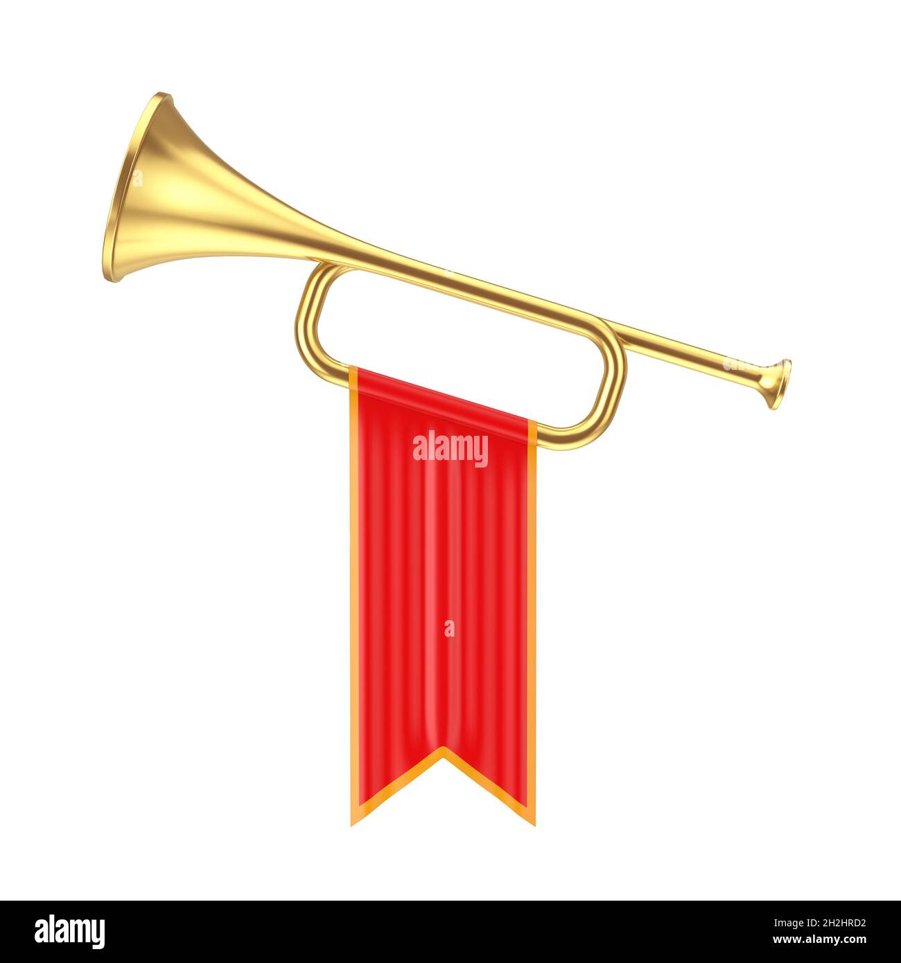 Golden Fanfare Trompeta con Bandera Roja sobre fondo blanco. 3D  Representación Fotografía de stock - Alamy