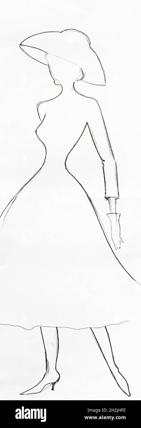 Contorno de la silueta de moda de la mujer del 50s del siglo XX dibujado a mano con lápiz de grafito negro sobre papel blanco Foto de stock