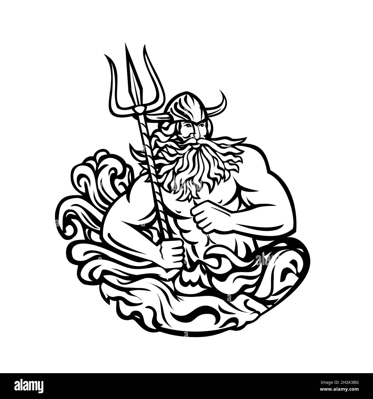 Aegir hler Gymir God of Sea in Norse Mitología con Trident y Ondas Mascota Negro y Blanco Retro Foto de stock