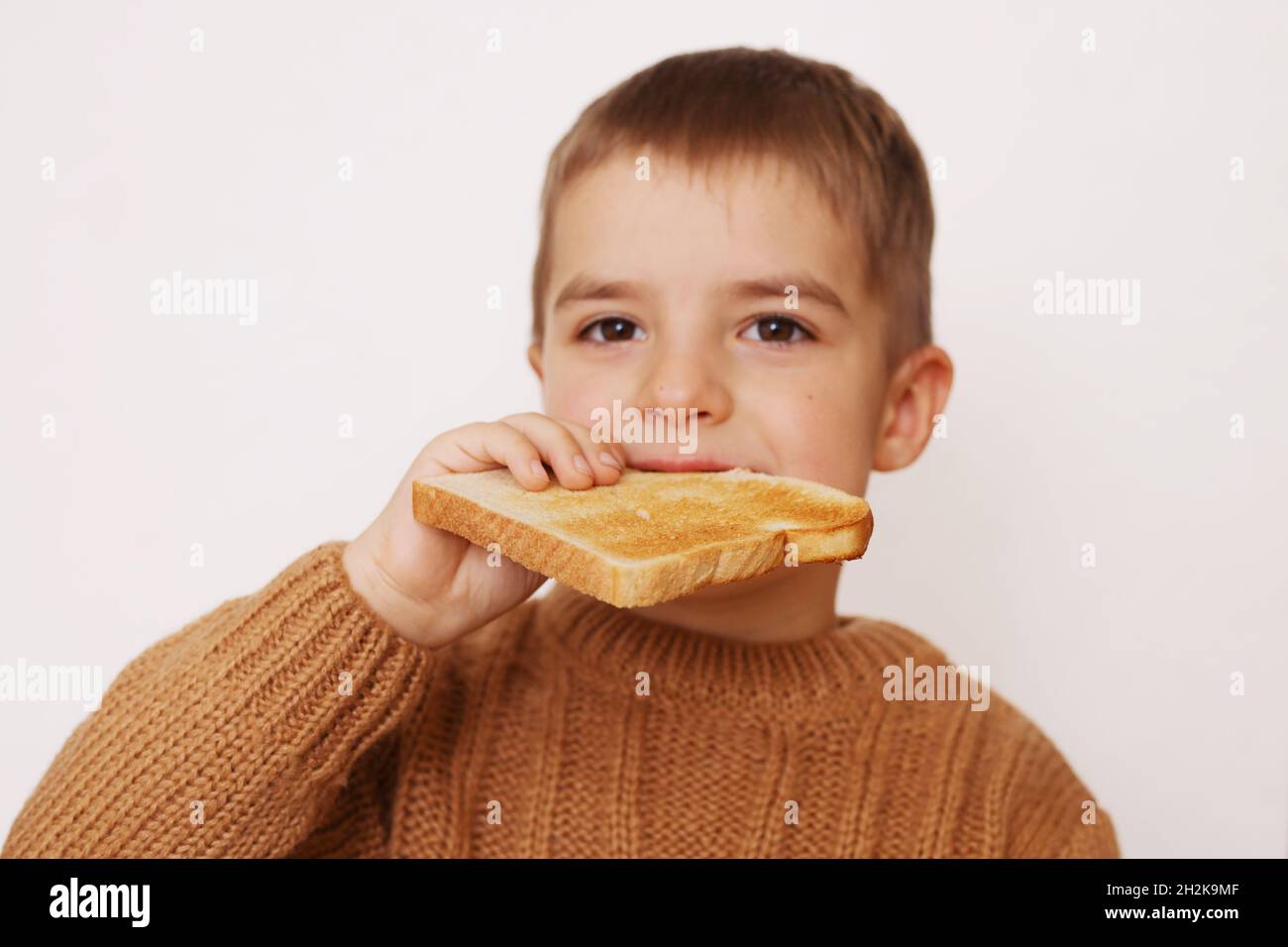 Niño preescolar comiendo pan tostado. Intolerancia al gluten por parte