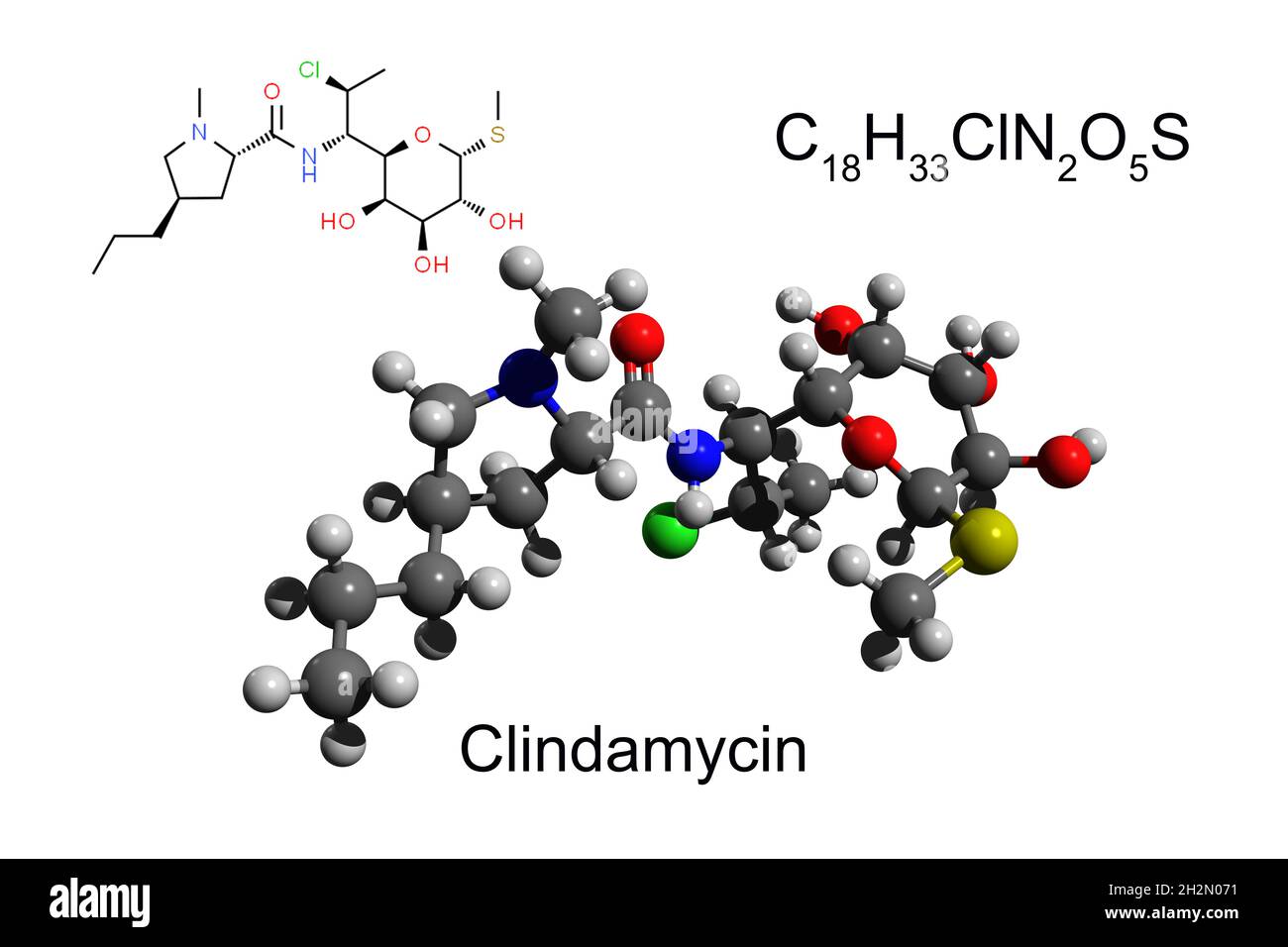 Fórmula química, fórmula estructural y modelo de 3D bolas y adherentes de clindamicina antibiótica, fondo blanco Foto de stock