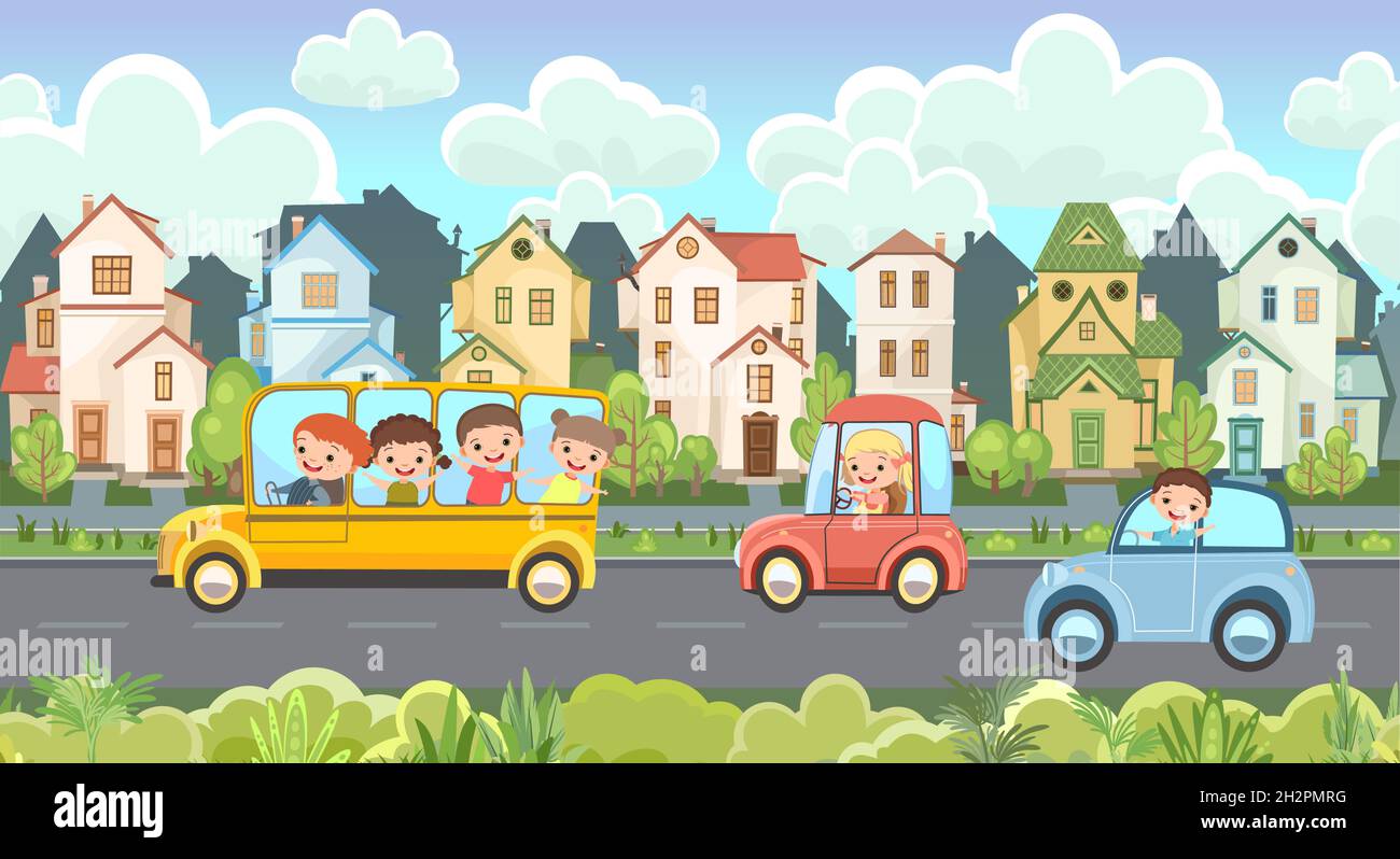 Tráfico de la calle. Ilustración de dibujos animados para niños. Niños de vacaciones. Paisaje urbano con carretera suburbana. Turismo automotor. Viaje niños. Diversión y Imagen Vector de stock - Alamy Tráfico de la calle. Ilustración de dibujos animados para niños. Niños de vacaciones. Paisaje urbano con carretera suburbana. Turismo automotor. Viaje niños. Diversión y Imagen Vector de stock - Alamy