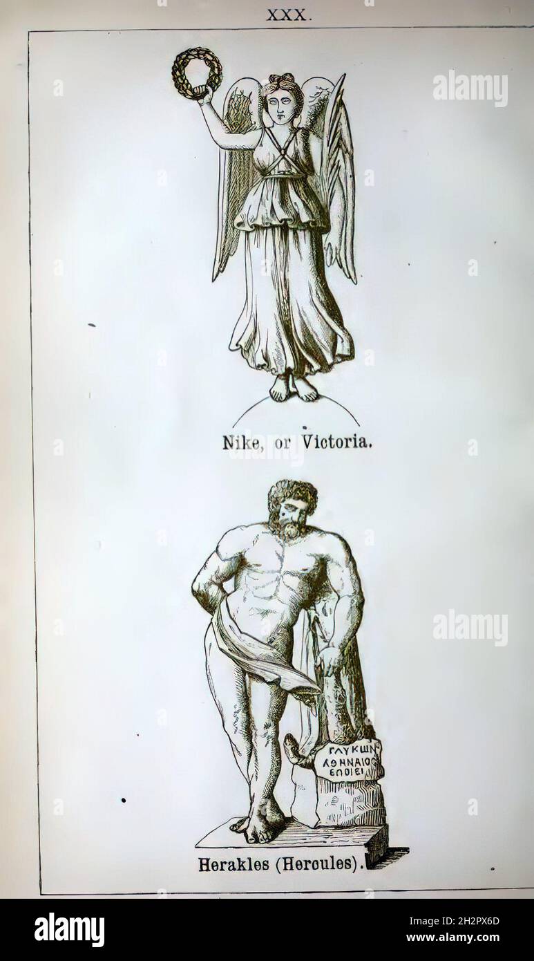 Ilustración vintage de la mitología griega romana; Nike o Victoria, Herakles (Hercule de stock - Alamy
