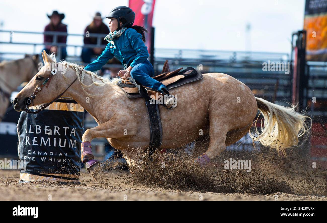 Una cowgirl compite en el barrel racing evento en un rodeo Fotografía de  stock - Alamy
