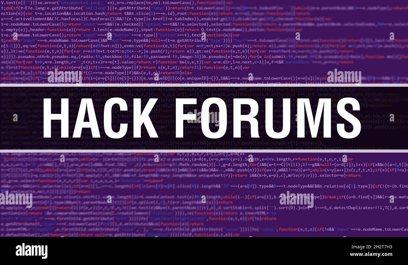 Hack Forums con antecedentes de tecnología digital de código binario. Resumen de antecedentes con código de programa y Hack Forums. Tecnología de programación y codificación b Foto de stock
