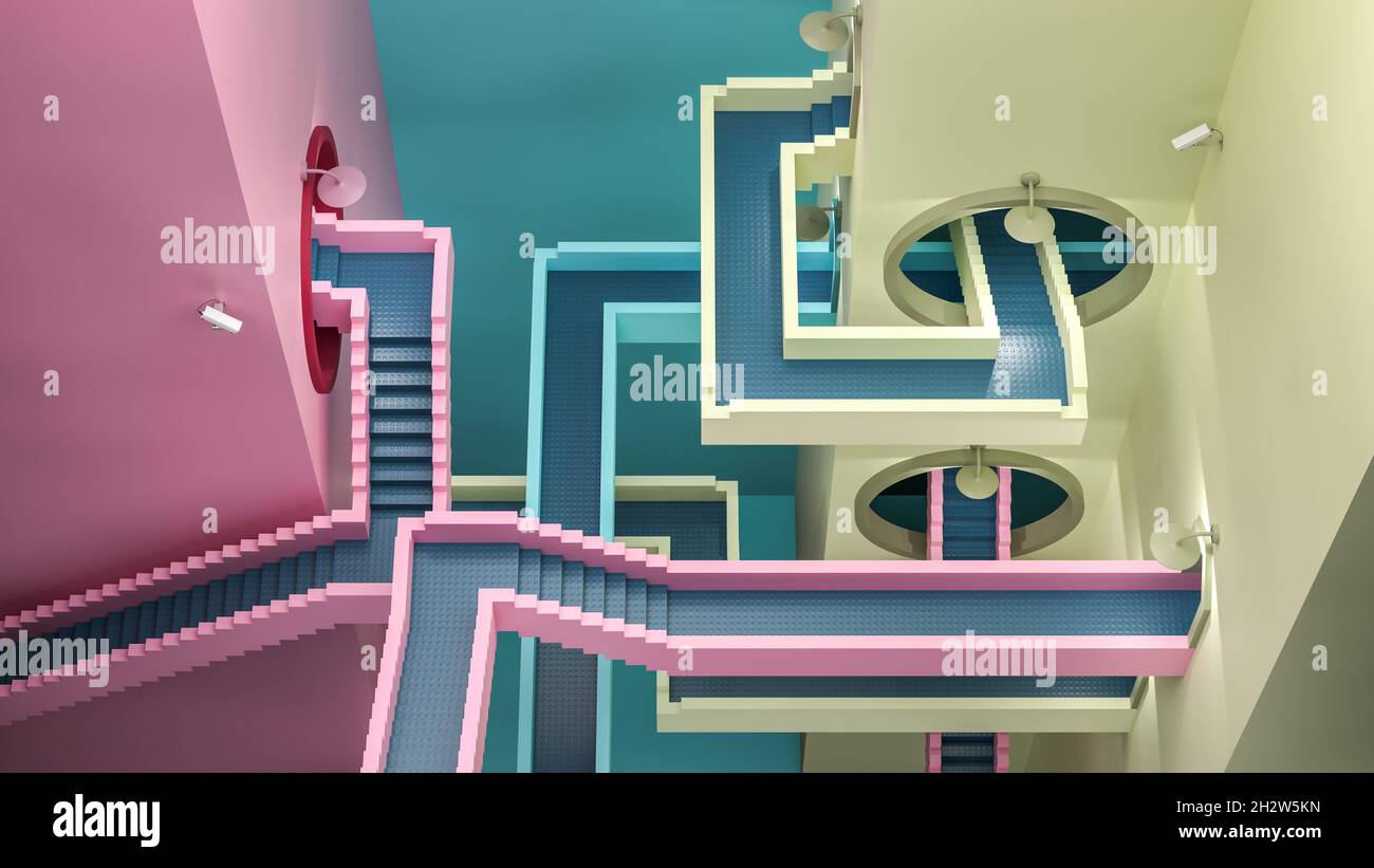 Laberinto como escaleras de color rosa, turquesa y amarillo - inspirado en la película de televisión Squid Game. Foto de stock