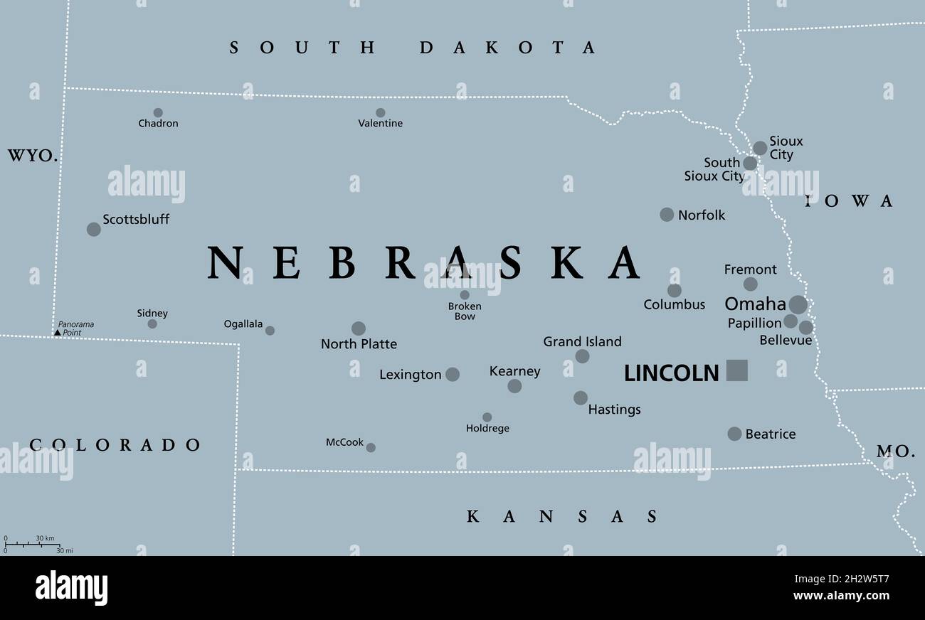 Nebraska, NE, mapa político gris con la capital Lincoln y la ciudad más