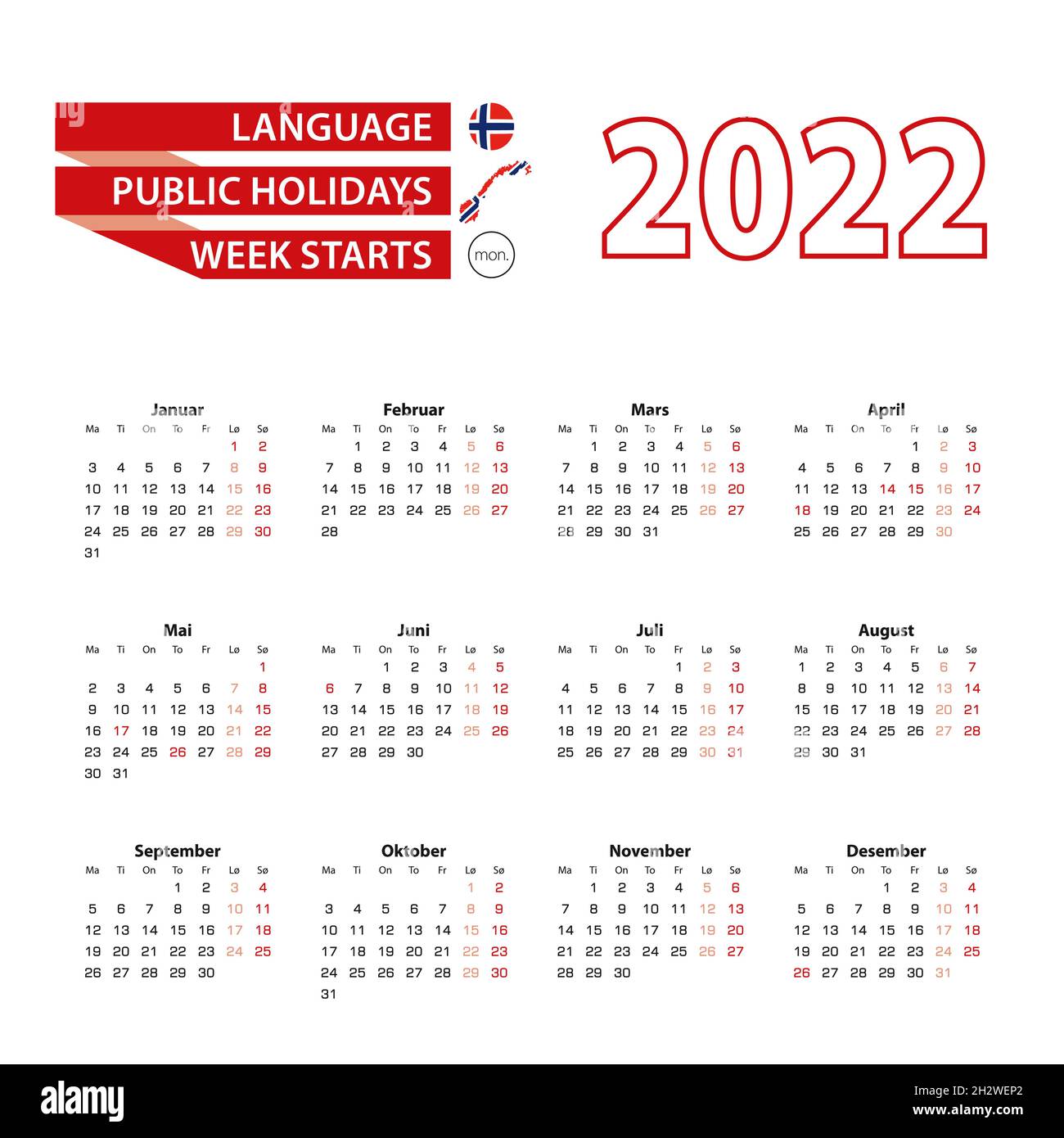 Calendario 2022 en noruego con festivos El país de Noruega en el año 2022. La semana comienza el lunes. Ilustración vectorial. Ilustración del Vector